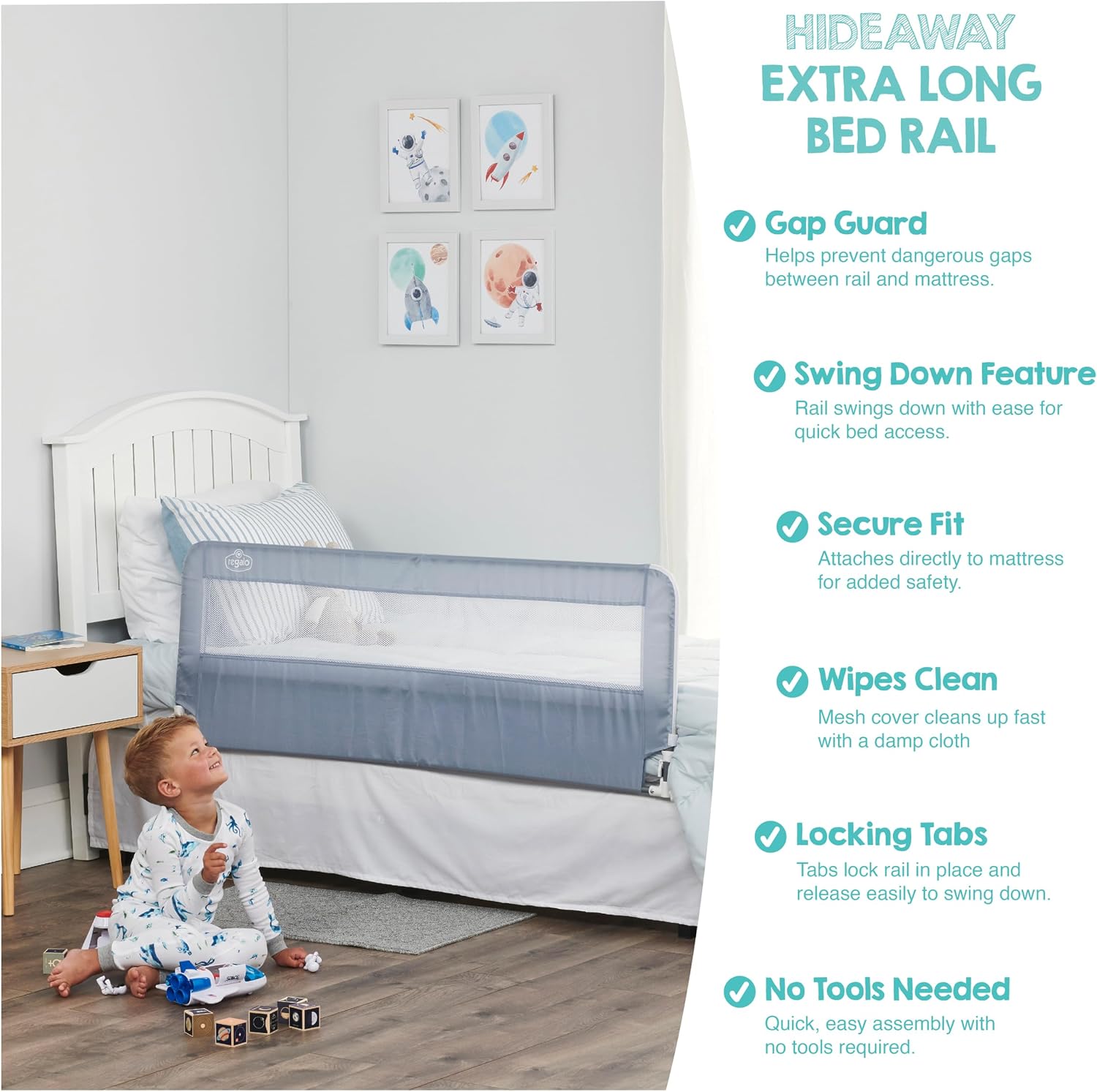 Regalo Safety 54” Extra Long Hideaway Bed Rail Guard for Toddlers, Toddler Bed Rail with Reinforced Anchor Safety System, 20” Tall Bed Safety Rail, Fits Twin, Full & Queen Beds
