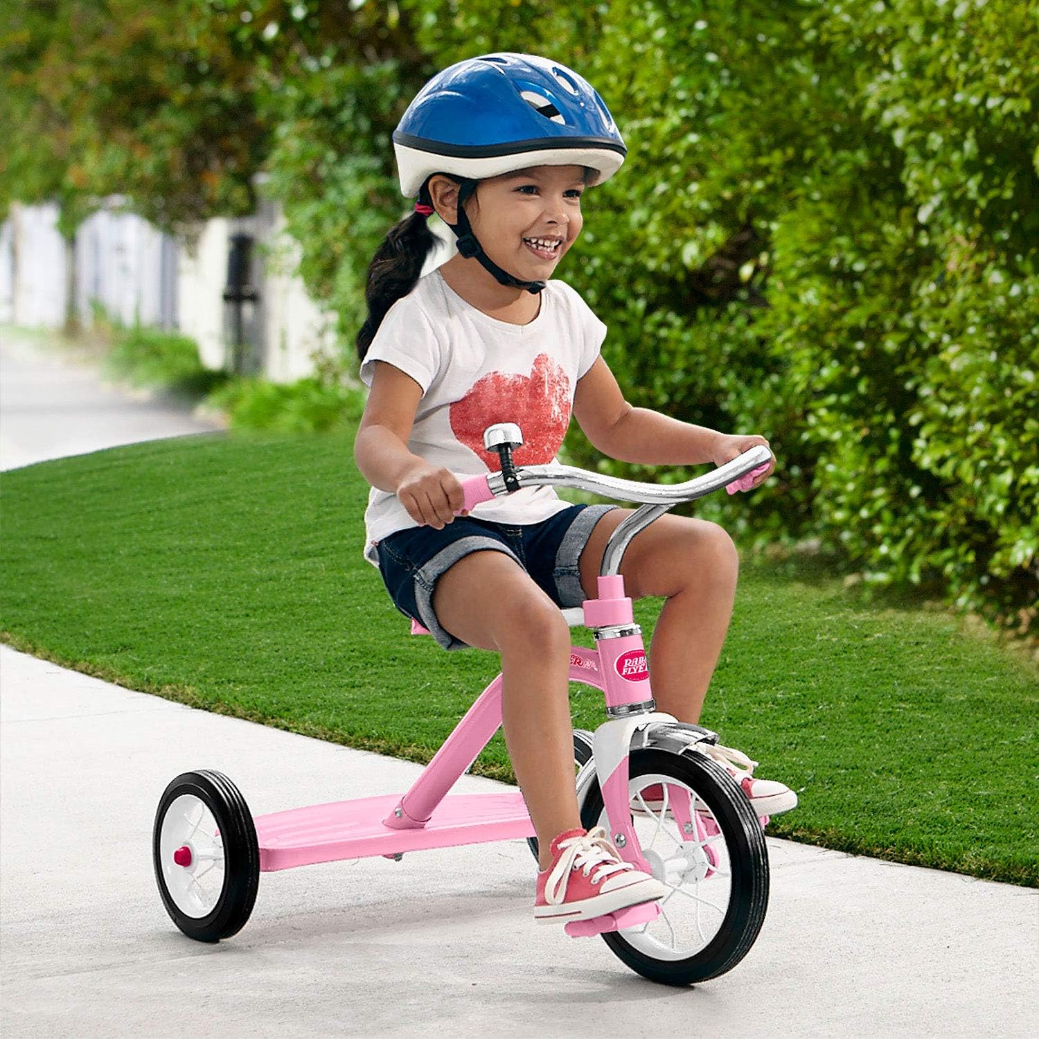 Radio Flyer Classic Pink Tricycle, for Ages 2-4, 10" Front Wheel, Bell | Steel Frame, Adjustable Seat, Rubber Tires, Chrome Details, Rear Step, Controlled Turning Radius, Tricycle for Toddlers