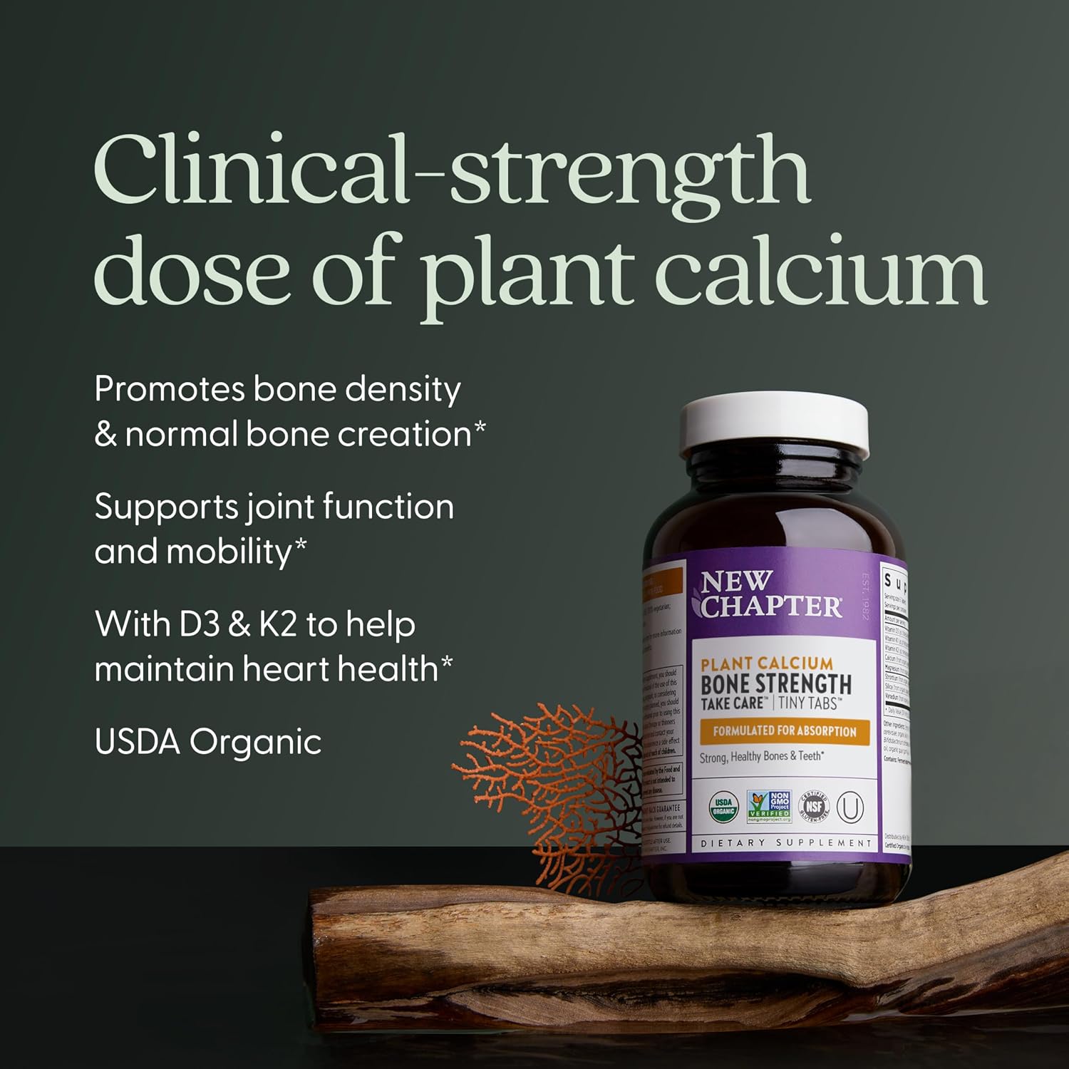 New Chapter Calcium Supplement - Bone Strength Tiny Tabs Plant-Based USDA Organic Calcium with Magnesium, Vitamin D3+K2, for Bone Health & Joint Mobility, Heart Support, 905 mg dose - 240 Tiny Tabs