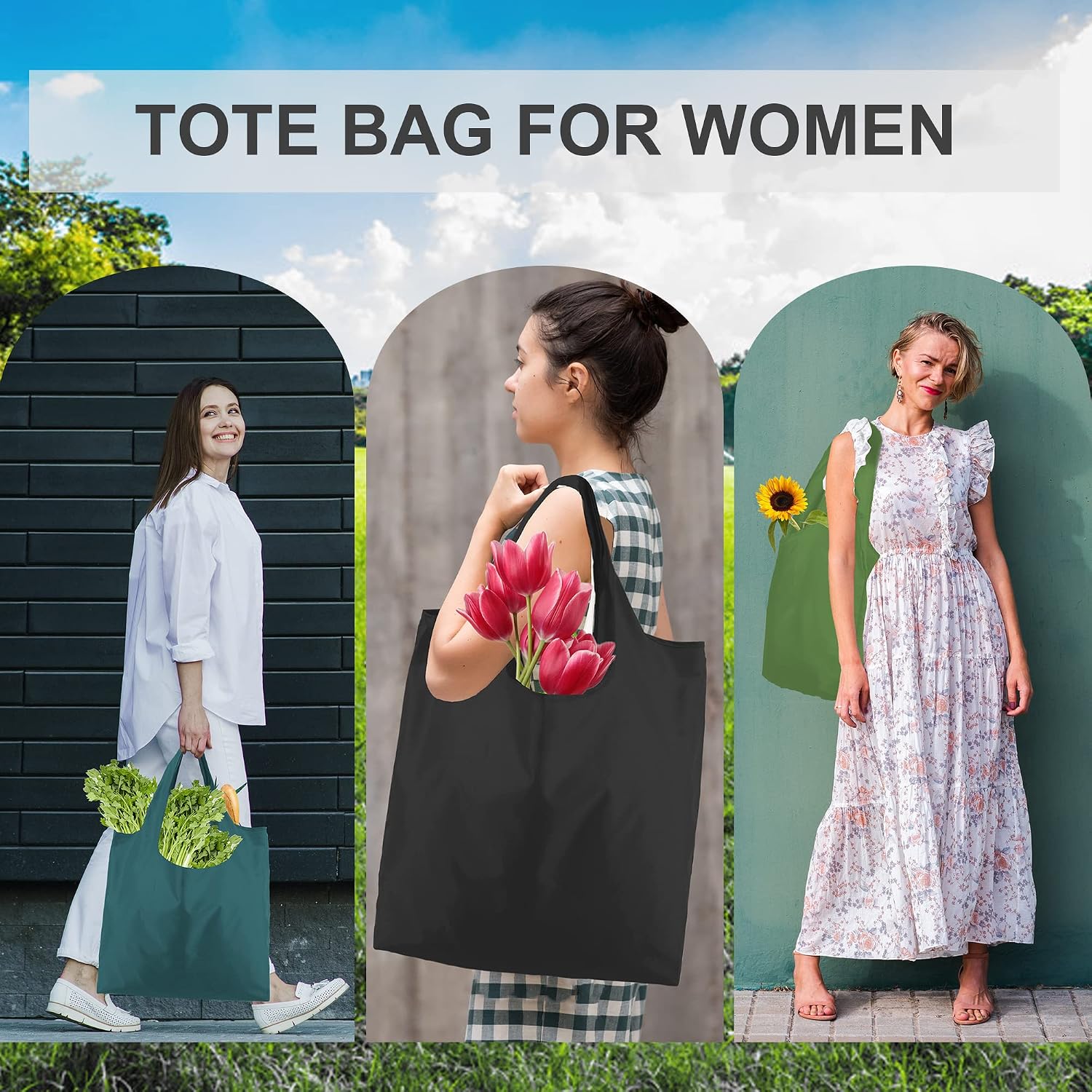 BeeGreen Grocery Bags | Reusable Gift Bags, Large Tote for Women & Foldable Beach Bag - 6 Pack Reusable Bag With Handles | Collapsible Cute Cloth Storage for Market, Holiday & Shopping | Washable​
