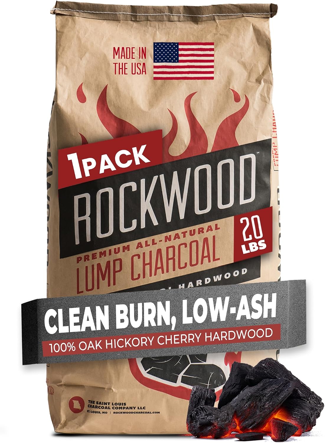 Rockwood Natural Lump Charcoal – Hardwood Lump Charcoal - 20 lbs, 1 Pack | Hardwood Lump Charcoal with Blend of Oak, Hickory & Cherry - Clean Burn, High Heat Grilling & Smoking - For Kettle & Kamado