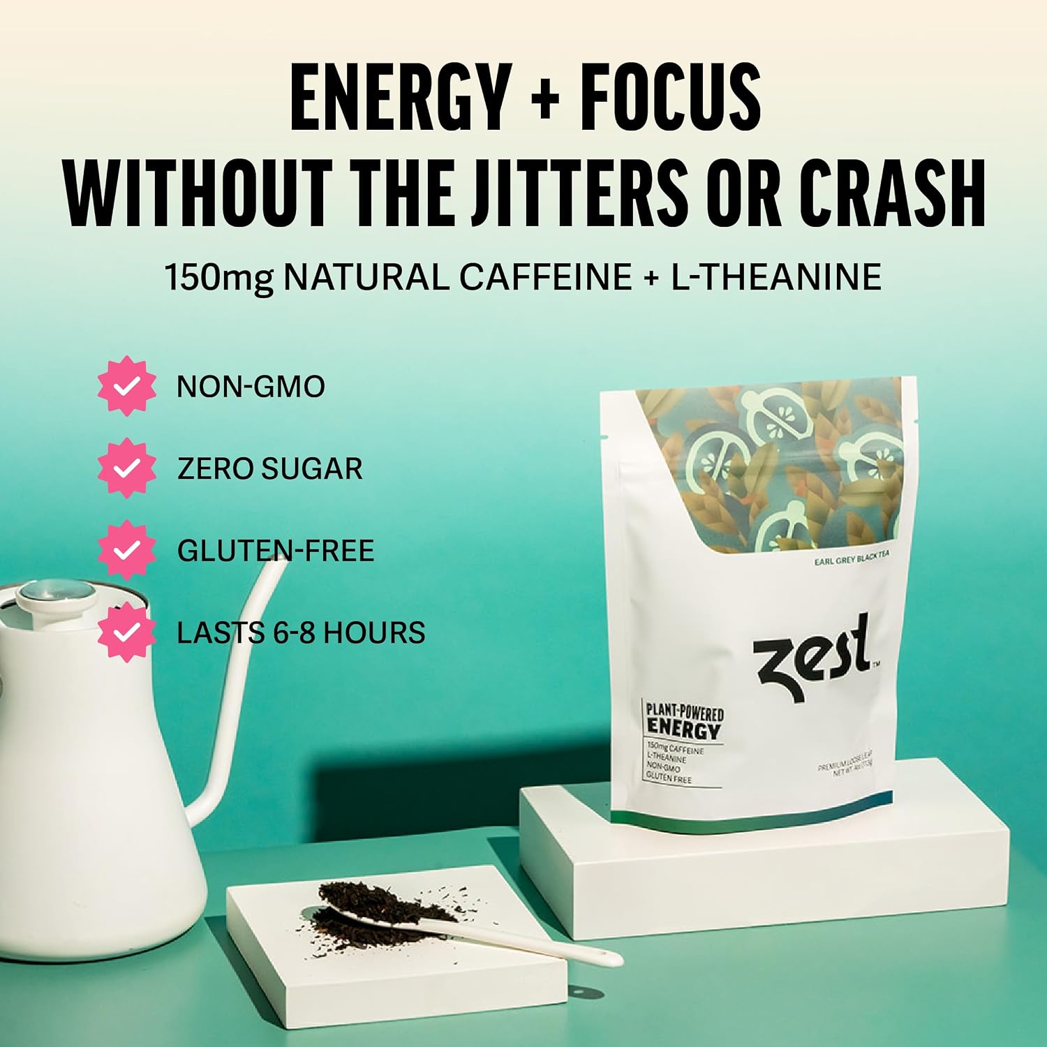 Zest Energy Green Tea – Pomegranate Mojito High Caffeine Tea Bags for Focus & Morning Energy – Natural Caffeinated Tea with 135mg Caffeine – Coffee Substitute – 20Ct Pack, Non-GMO & Keto Friendly