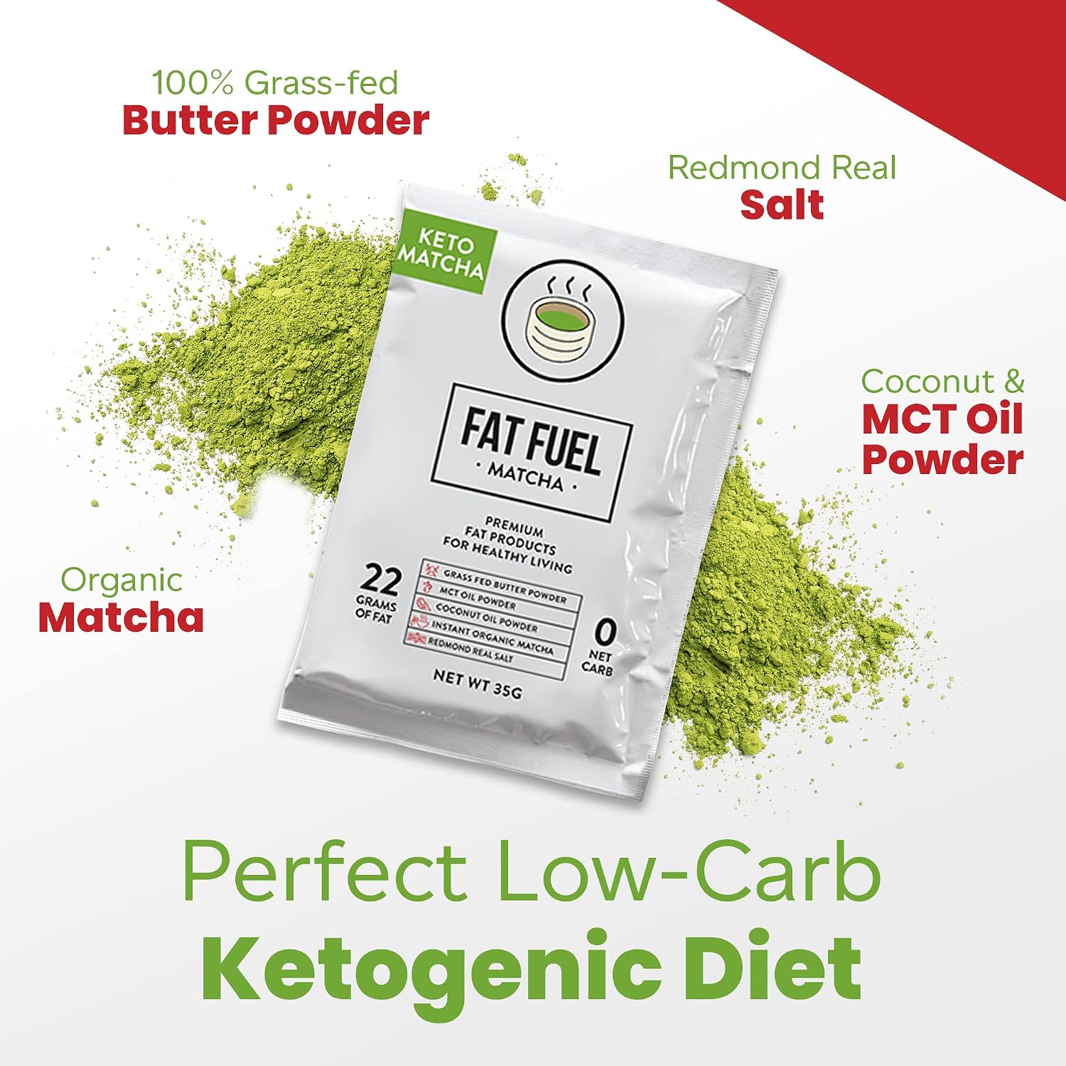 FAT FUEL Keto Matcha 22g Premium Fats - With Grass Fed Butter, MCT Oil, Coconut & Redmond Real Salt - Instant Organic Matcha, Zero Net Carb