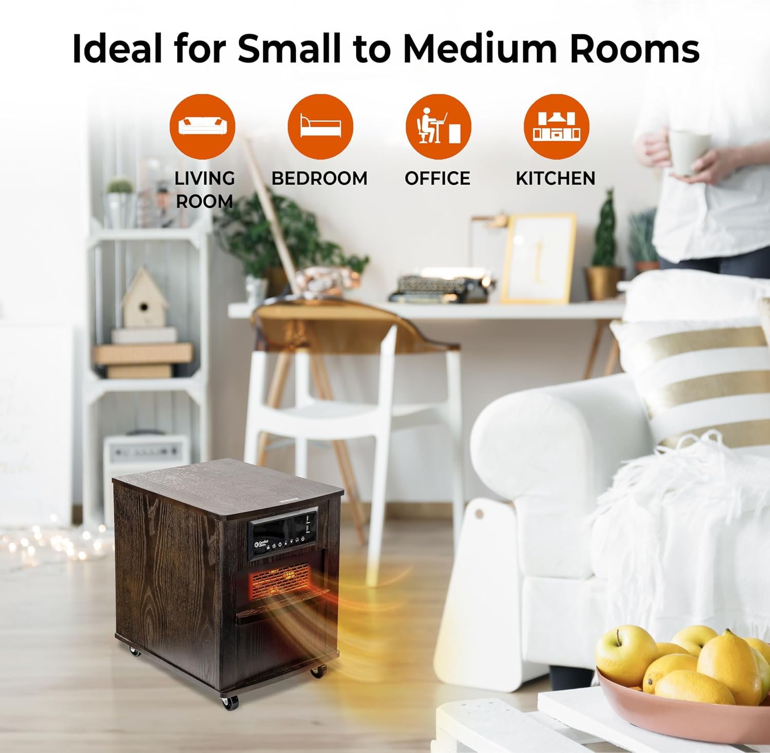 Comfort Zone Indoor Space Heater, 20 inch, 1,500 watt, Cabinet Heater with Remote, Infrared, Quartz, USB Charging Ports, Timer, Tip Over Switch & Overheat Protection, Ideal for Home & Office, CZ2062W
