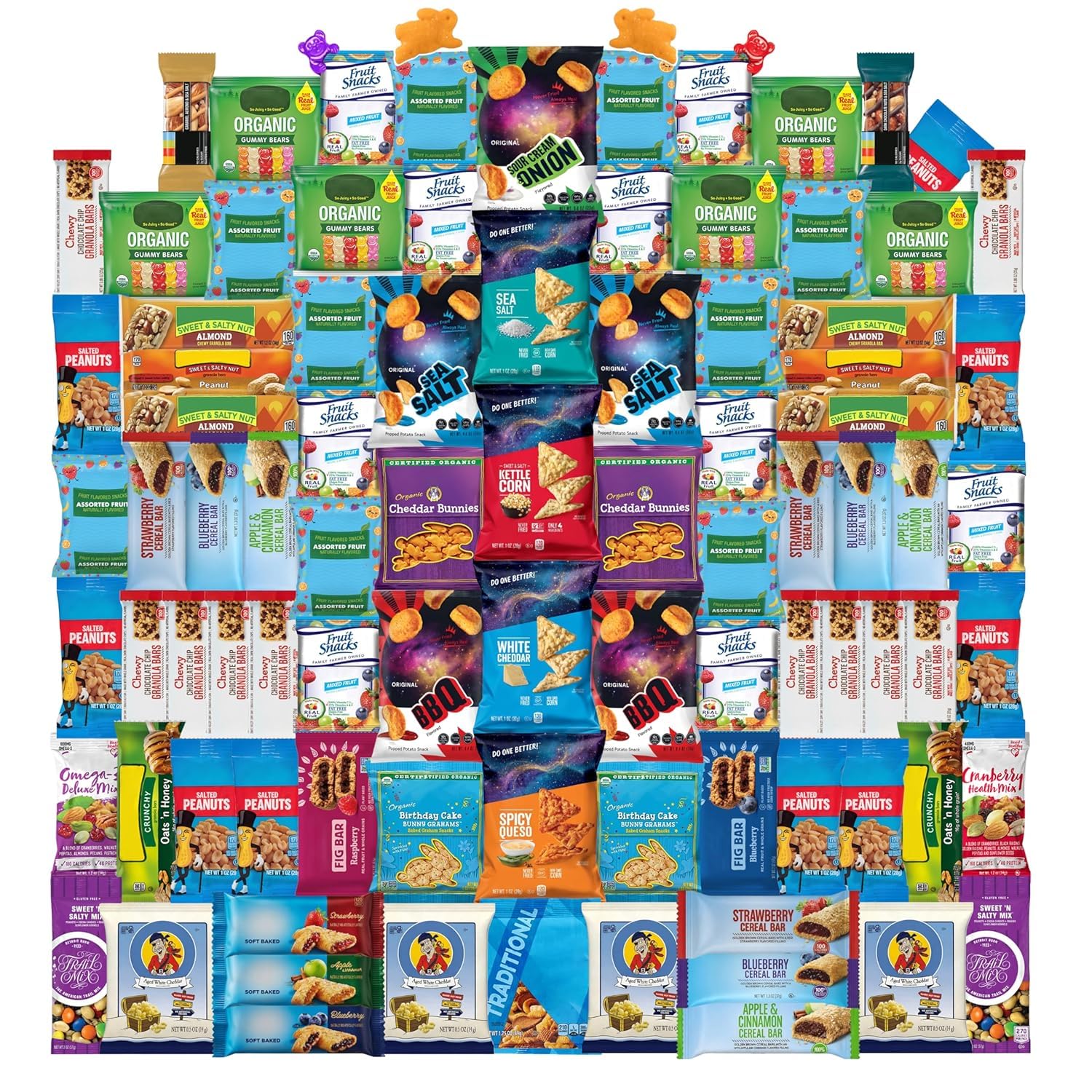 Foxy Fane 60-Count Healthy Snack Box Care Package, Variety Pack of 60 Individually Wrapped Sweet and Savory Snacks, Assorted Gift Basket for Office