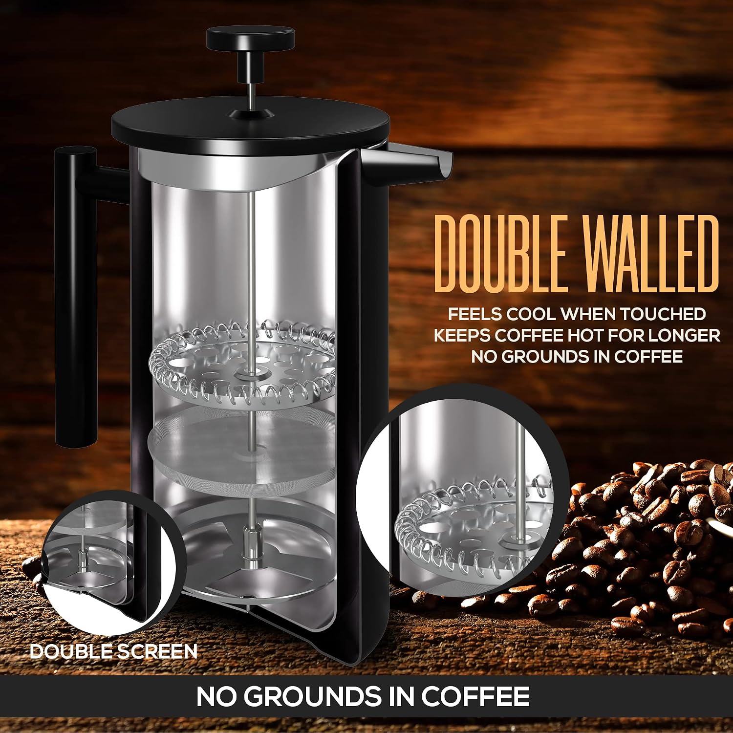 Utopia Kitchen 304 Grade Stainless Steel French Press 34 Oz, Silver | Double Wall Insulated Coffee Press with 4-Level Filtration System, Include 2 Extra Filters, Rust-Free, Dishwasher Safe