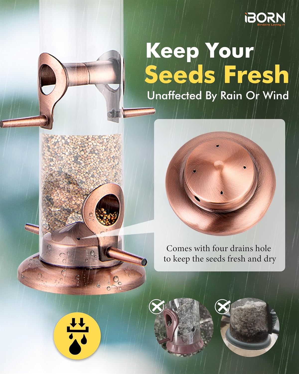 Bird Feeders for Outdoors 15" 4 Ports Chew-Resistant, Copper-Plating, 1PK | Metal, Durable Outdoors, Flip-top Easy Refill & Clean, Mixed Seeds