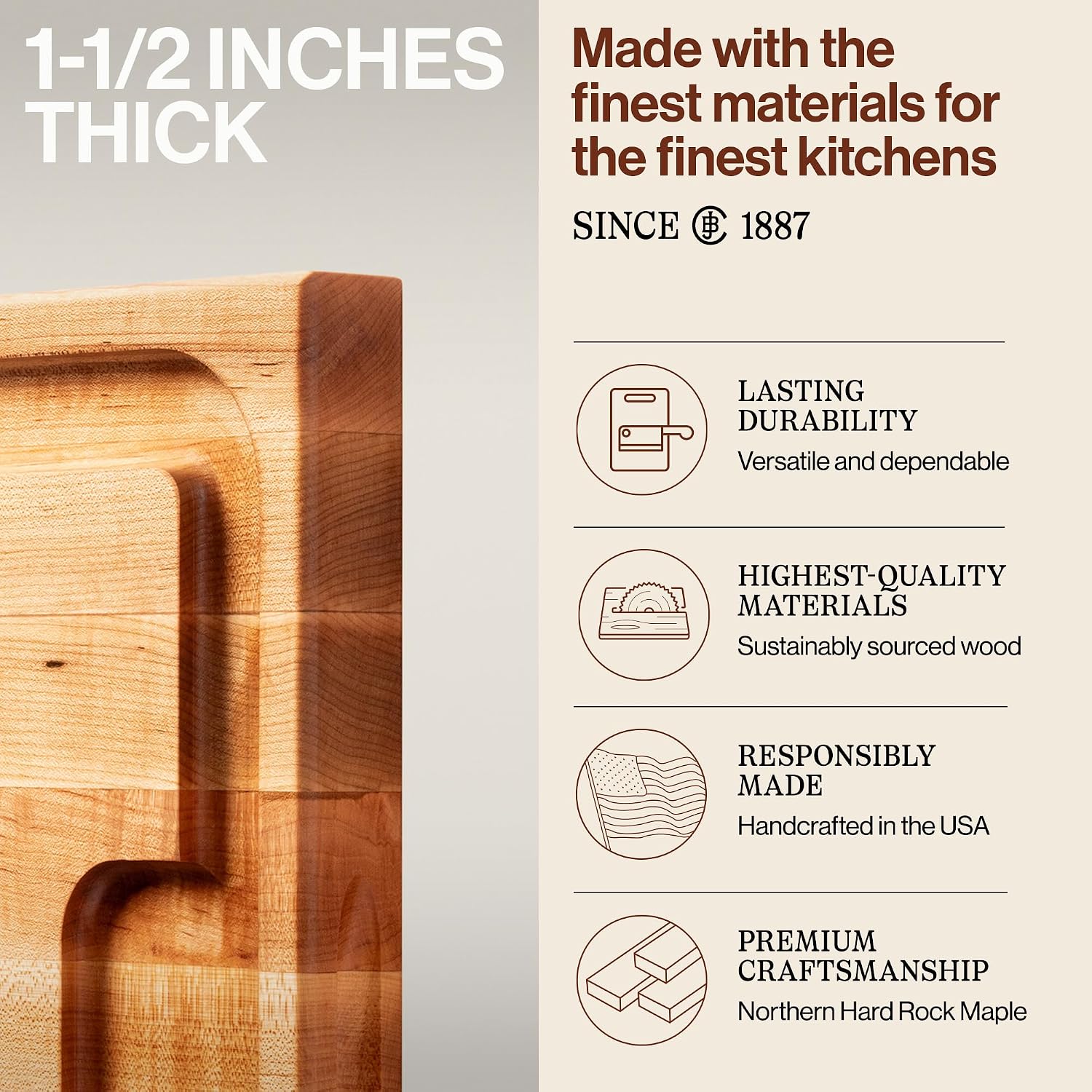 John Boos Aujus Series Rectangular Wooden Maple Cutting Board 20”x15” – 1.5” Thick, 12-lb Reversible Butcher Block with Sloped Juice Groove, Edge-Grain & Finger Grips – Made in the USA