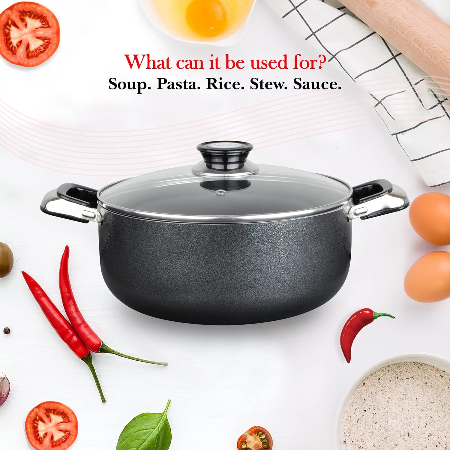 Alpine Cuisine 4 Quart Non-stick Stock Pot with Tempered Glass Lid and Carrying Handles, Multi-Purpose Cookware Aluminum Dutch Oven for Braising, Boiling, Stewing