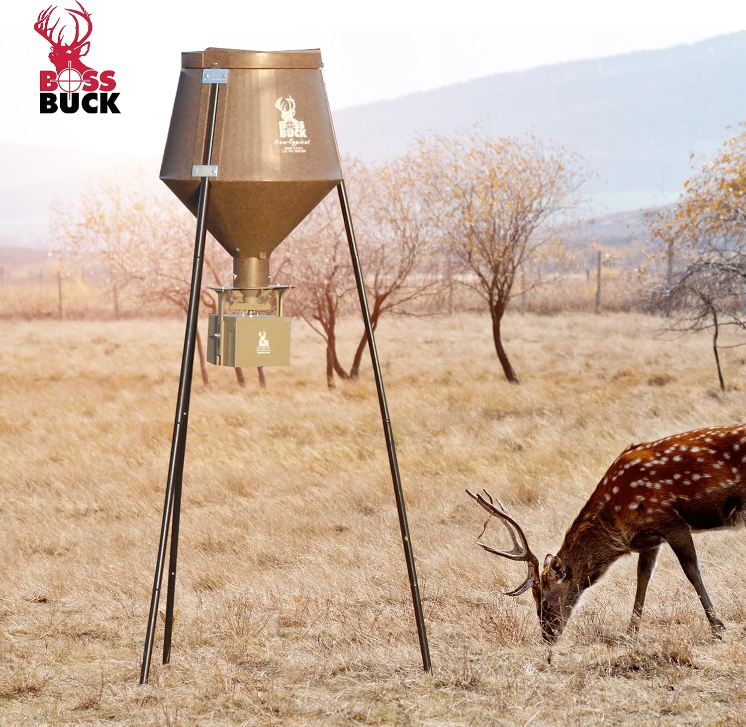BOSS BUCK 200 LB Deer Feeder/Hunting Durable Lightweight Plastic UV Protected Waterproof Game Feeder with 12V Spinner Automatic Delivery System & Multi-Piece Legs