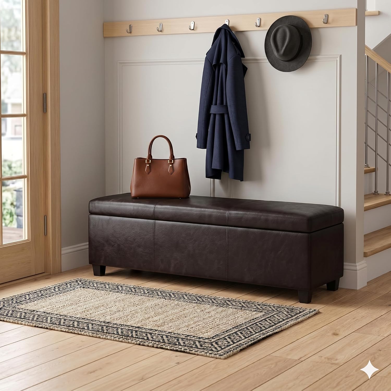 SIMPLIHOME Avalon 54" Wide Vegan Leather Storage Ottoman in Tanners Brown