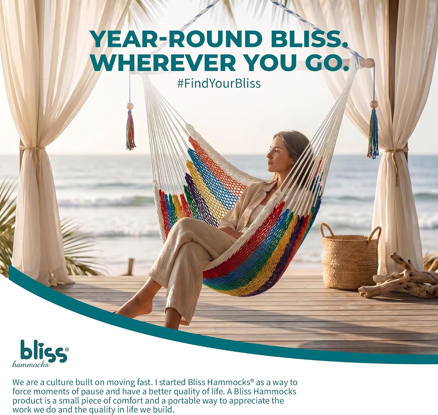 Bliss Hammocks BHC-412NT Island Rope Hammock Chair, Eco Friendly & Hand Woven, Varnish Coated 40 Inch Wood Spreader, Easy to Hang w/Included Hanging Kit, Supports up to 265 pounds, Natural Rope