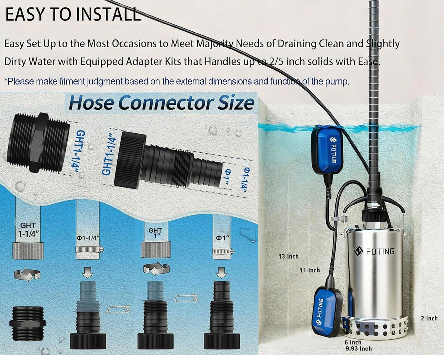 FOTING Full 304 Stainless Steel Sump Pump with Float Switch - 1HP 4600GPH Automatic Submersible Water Pump Fast Water Removal in Pools, Basements