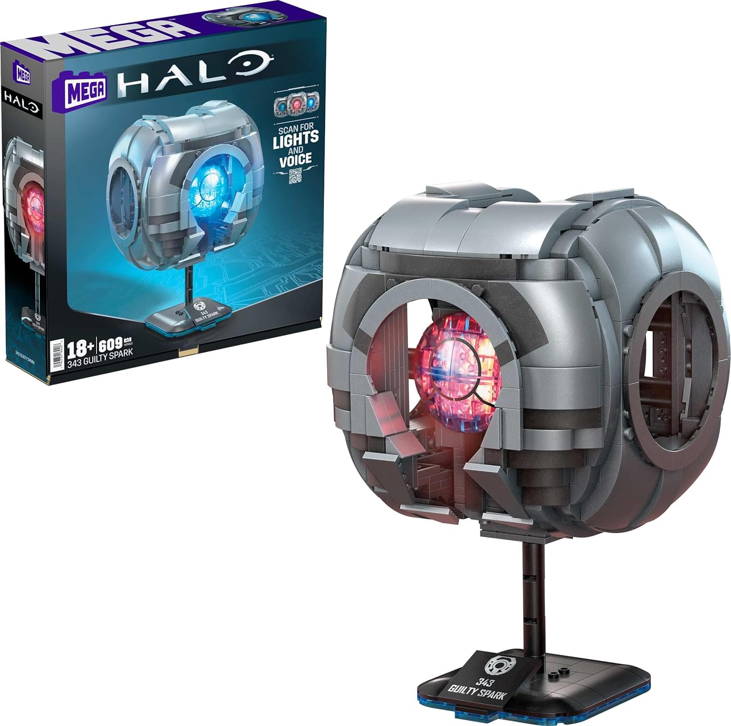 ​MEGA Halo Model Replica Building Toy, 343 Guilty Spark with 609 Pieces, Lights & Sounds, Build & Display Set for Collectors, Gift Ideas for Adults