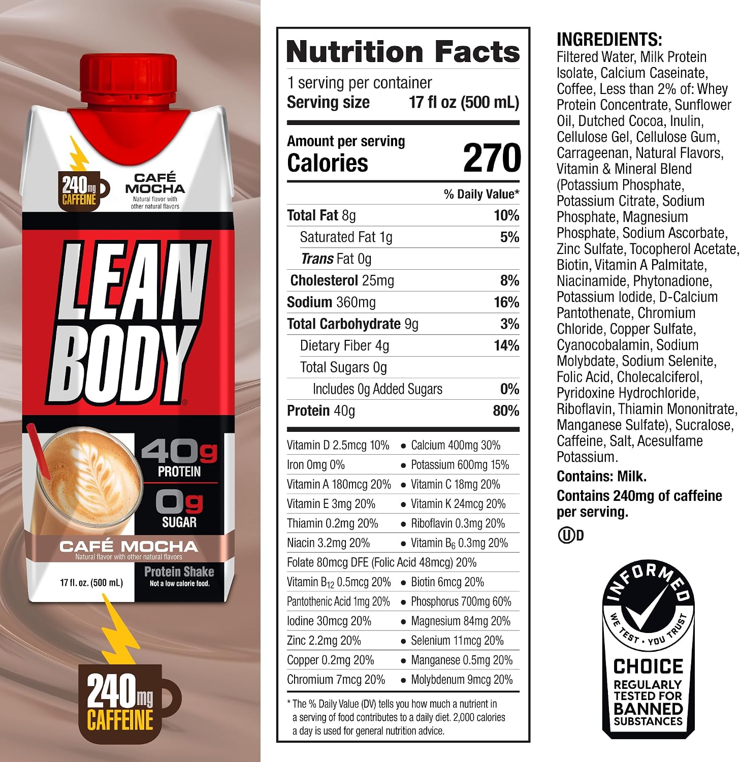 Labrada Lean Body Ready-to-Drink Chocolate Protein Shake, 40g Protein, Whey Blend, 0 Sugar, Gluten Free, 22 Vitamins & Minerals, LABRADA, 17 Fl Oz (Pack of 12)