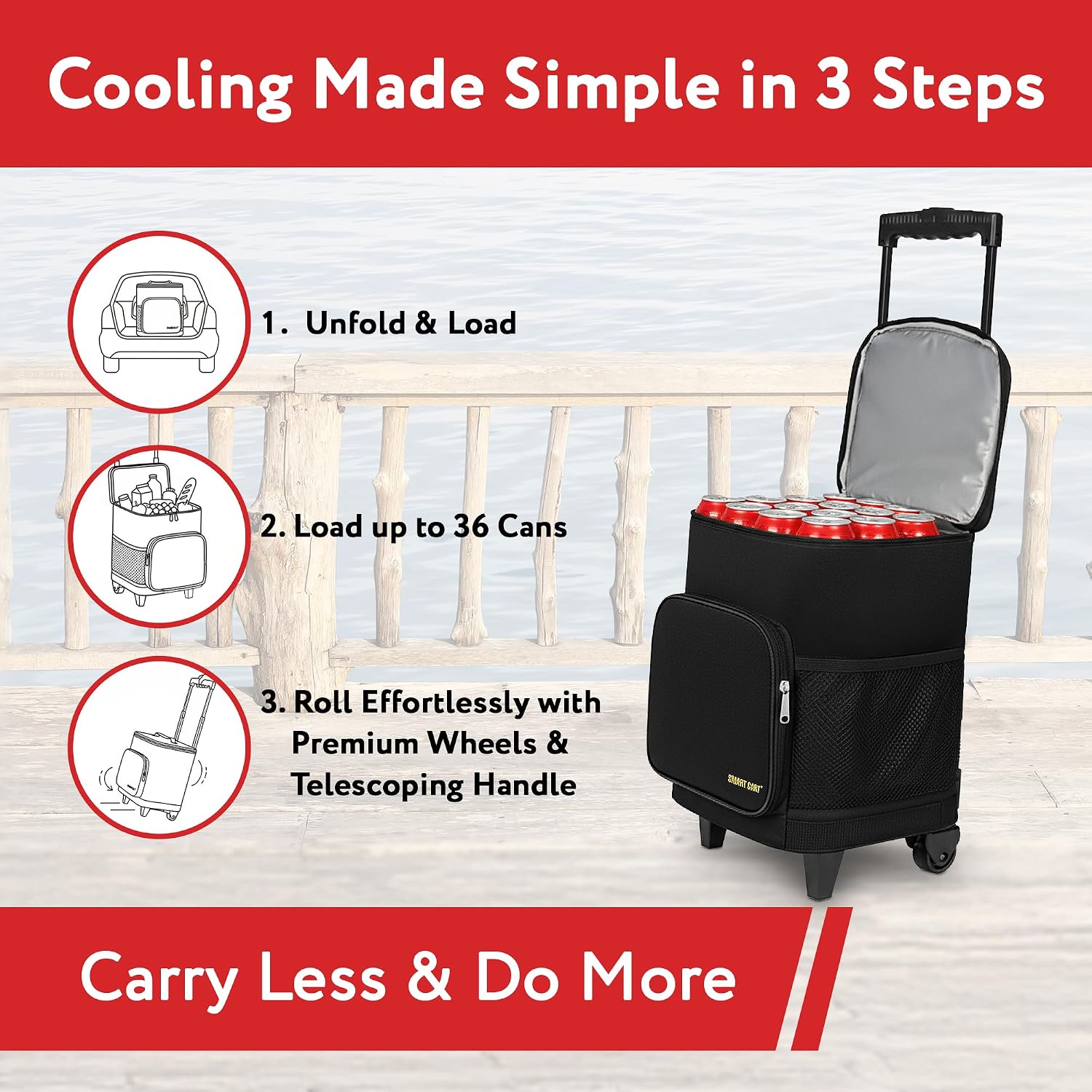 Ultra Compact Cooler Smart Cart with Wheels - Collapsible Insulated Cooler Bag - Foldable Travel Cooler 36 Cans - Leak Proof Trolley - Black