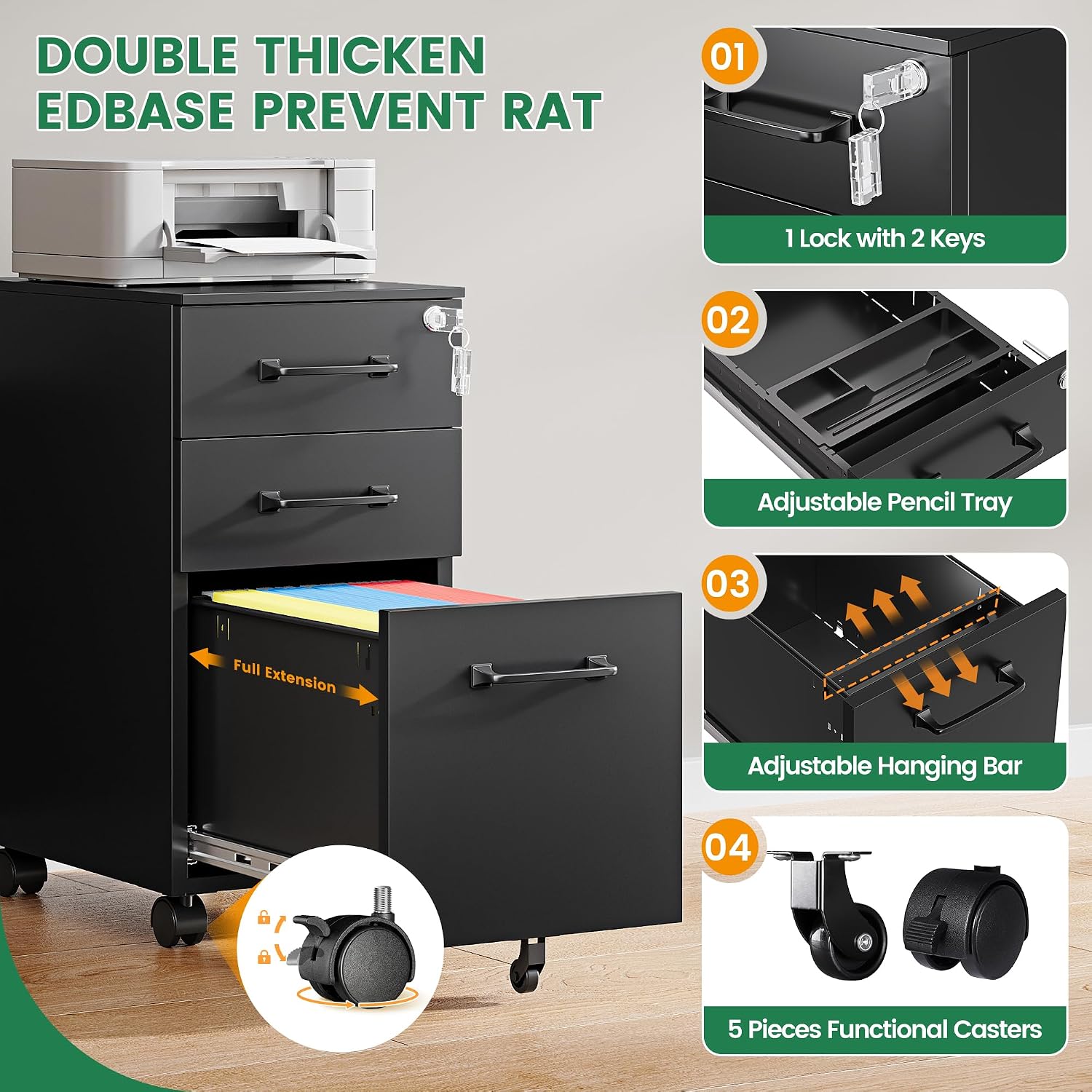 3 Drawer File Cabinet with Lock,Mobile Lateral Filing Cabinet with Side Hook for Letters/Legal/A4, Metal Printer Stand Storage Cabinets with Shelves for Home Office(Black)