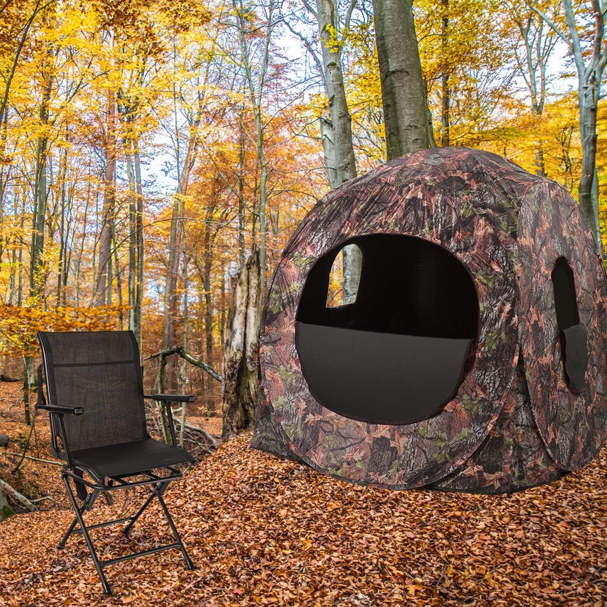 Tangkula 360° Swivel Hunting Chair, Multi-Position Folding Stealth Spin Chair W/Mesh Back, Wide Armrest & No-Sink Footpads