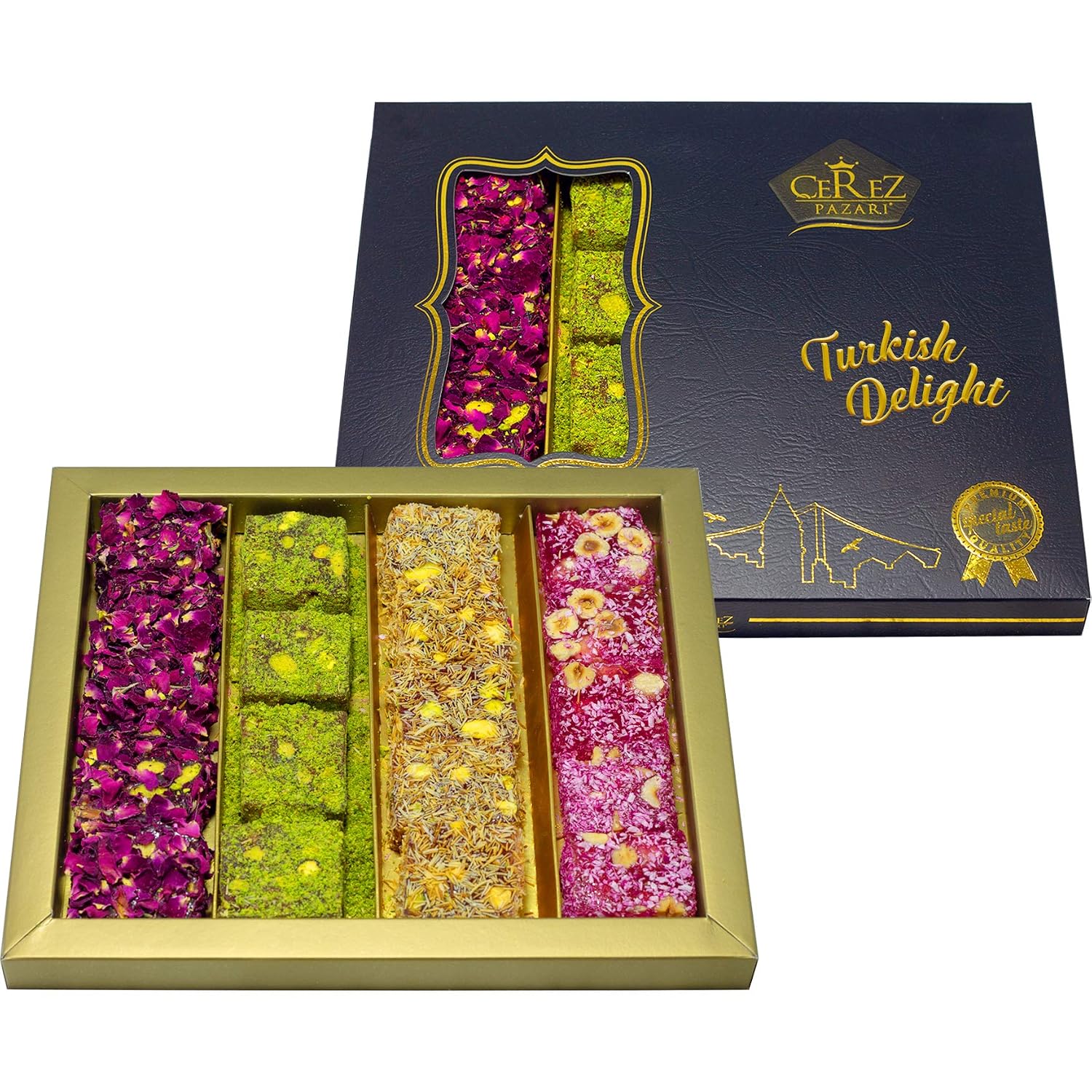 Cerez Pazari Turkish Delight Pistachio with Fantastic Rose & Pomegranate Flavour Experience in Luxury Gift Box 8.8 oz | Assorted Gourmet Soft Candy, Sweet Vegan Traditional Lokum (Loukoumi) (9-11 Pcs)