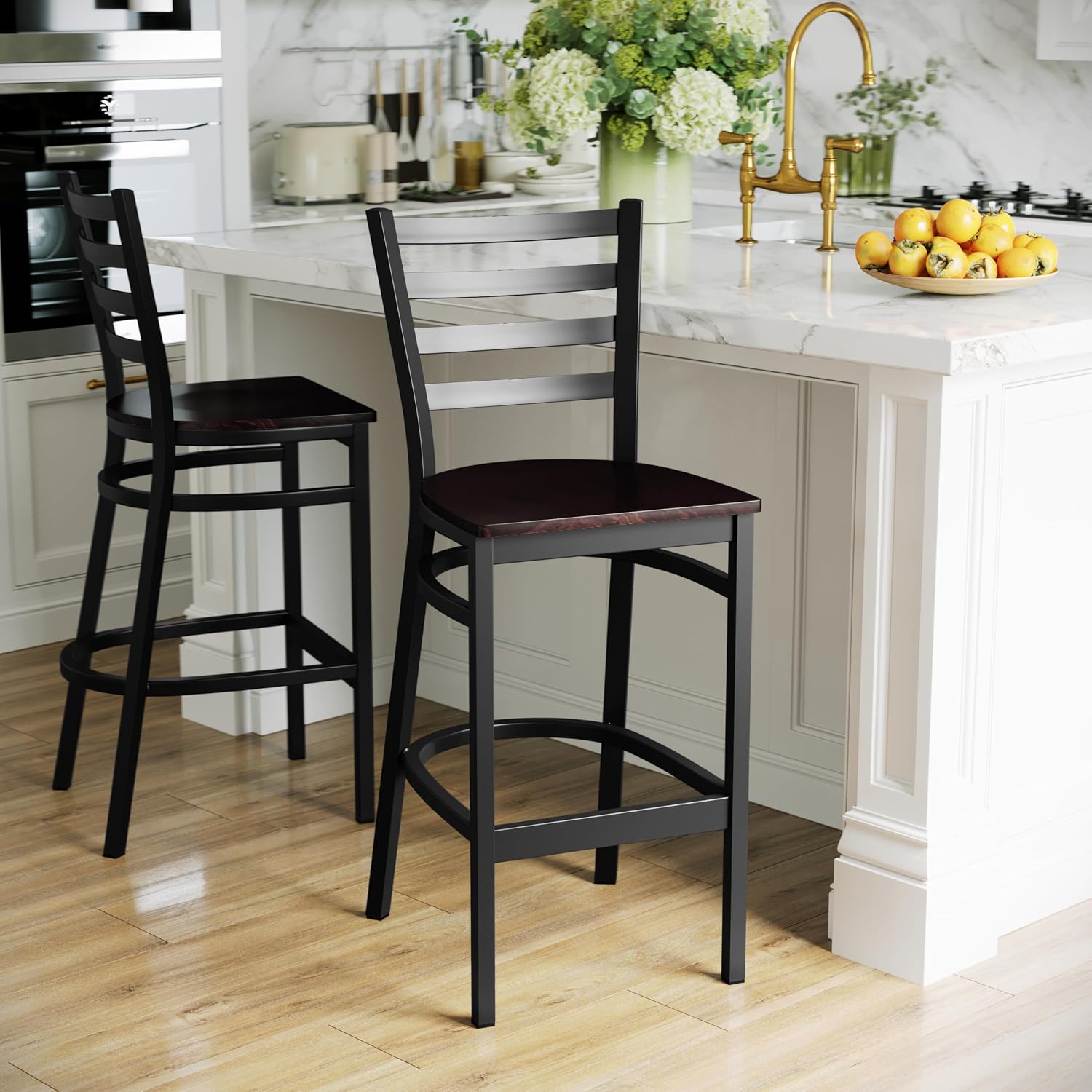 Flash Furniture Hercules Series Ladder Back Metal Restaurant Barstool, Modern Upholstered Armless Bar Height Chair for Restaurants and Kitchens, Black | Vinyl Upholstery, Durable Construction, Commercial Use
