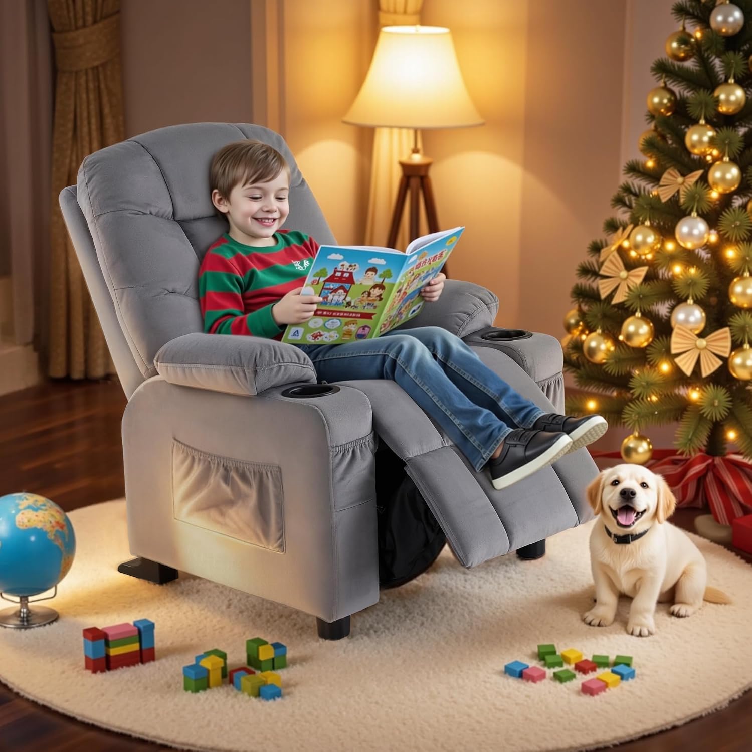 MCombo Big Kids Recliner for Ages 3+, Toddlers Recliner 7355 Velvet, Blue