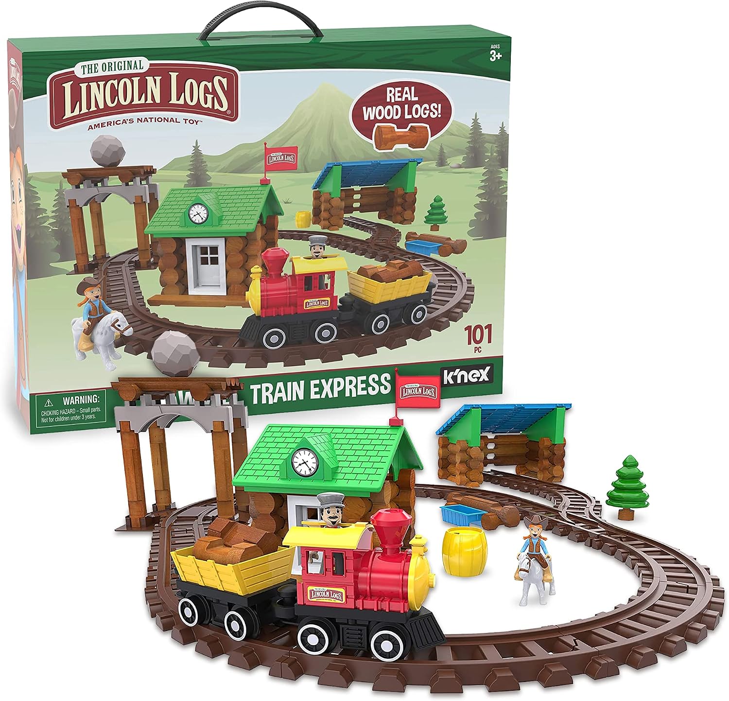 LINCOLN LOGS-Sawmill Express Train - 101 Parts - Real Wood Logs - Buildable Train Track-Ages 3+ - Best Retro Building Gift Set for