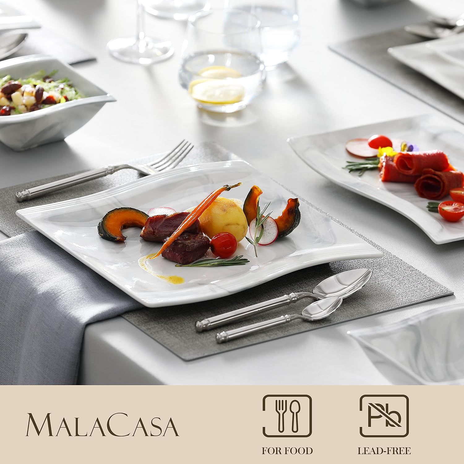 MALACASA Plates and Bowls Sets, 26 Pieces Ivory White Porcelain Dinnerware Sets without Mugs, Square Dinnerware with Dinner Plates, Bowls and Serving Platters, Modern Dish Set for 6, Series Flora