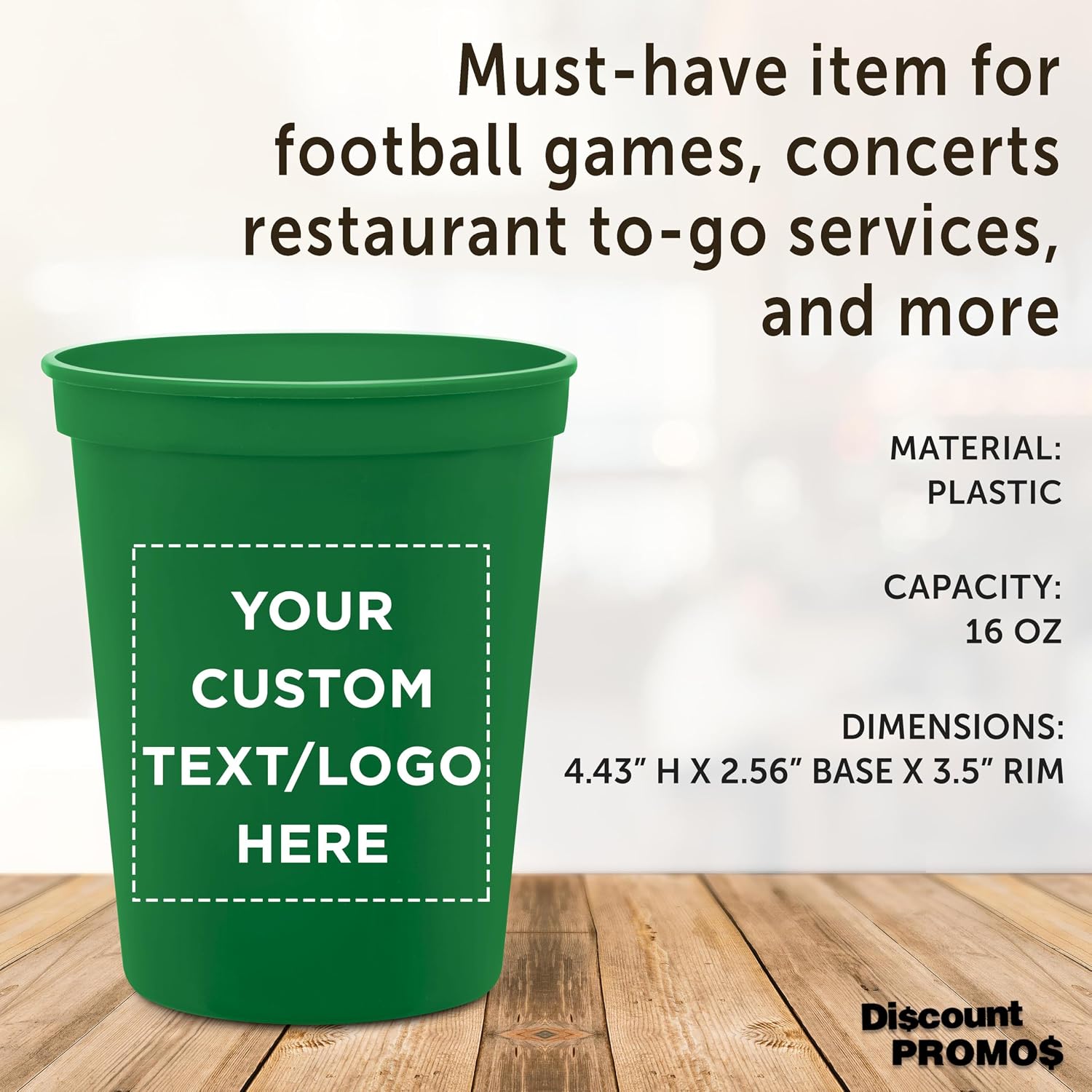 DISCOUNT PROMOS Custom Plastic Stadium Cups 16 oz. Set of 10/50/100, Personalized Bulk Pack - Perfect for Birthdays, Weddings, Picnic, Beach