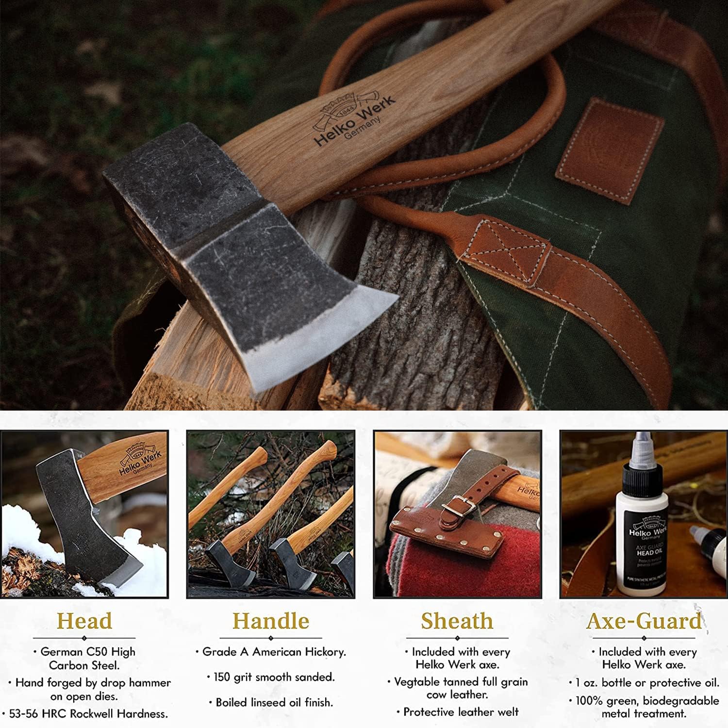 1844 Helko Werk Germany Traditional Hessen Woodworker Felling Axe (13563) | Made in Germany Hand Forged Felling Axe and Cutting Forest Axe for Felling Trees Head 2-3/4 lbs, Handle 28 inches