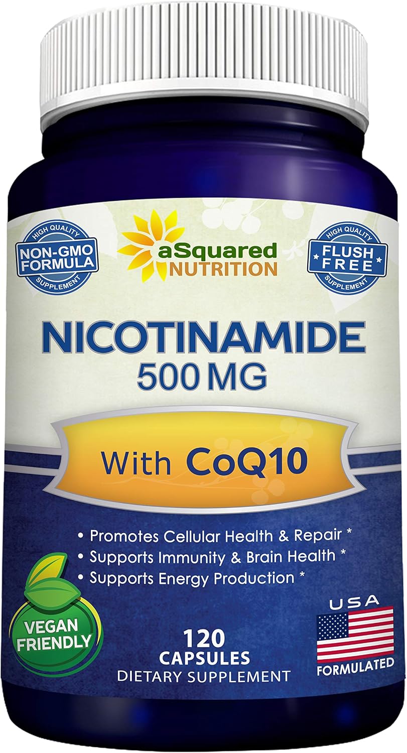 Nicotinamide with CoQ10 (120 Capsules) - Vitamin B3 500mg (Niacinamide Flush Free) - Coenzyme Q10 Powder - VIT B-3 & Coq 10 Supplement Pills to