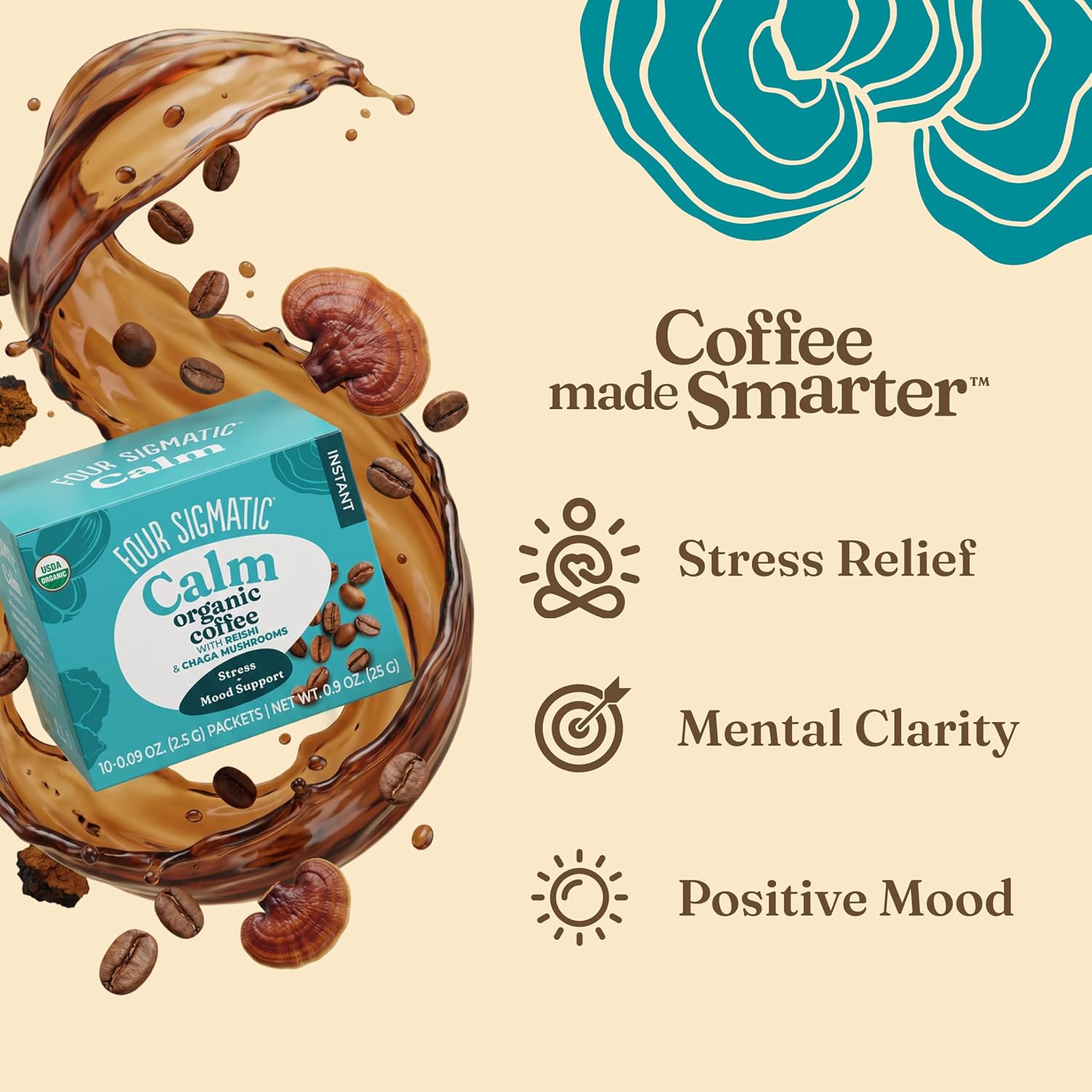 Four Sigmatic Organic Instant Coffee Powder | Mushroom Coffee Instant Mix with Cordyceps, Chaga and Eleuthero for Better Focus and Immune Support | 10 Packets