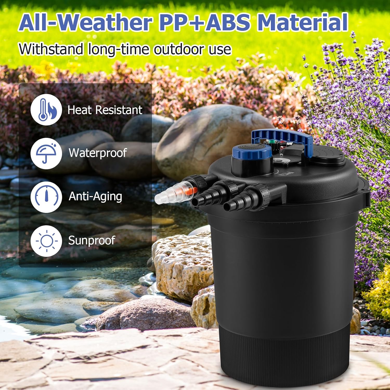 HAPPYGRILL 2642 GPH Pond Filter with 13W UV-C Light & Bio Balls, 4 Adapters