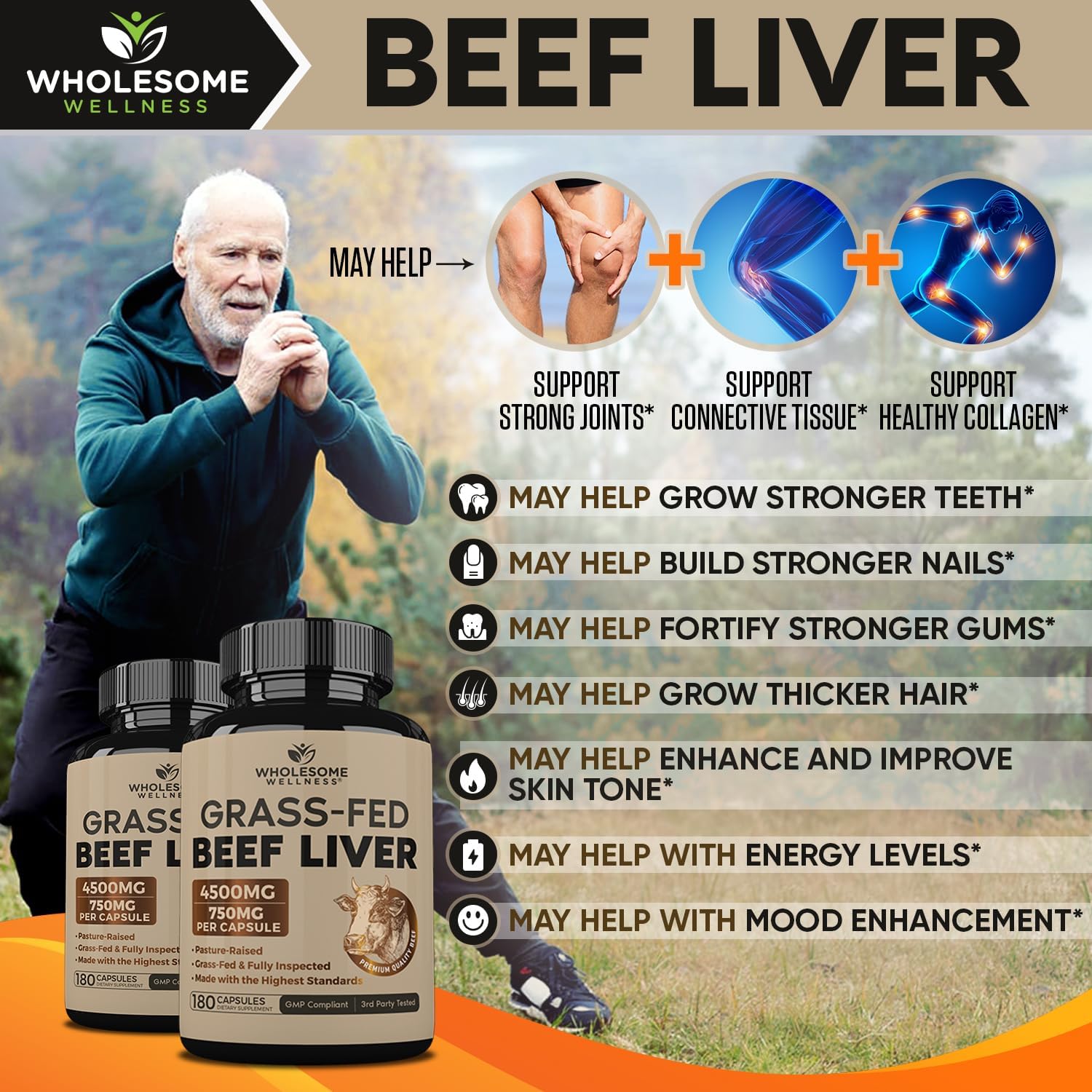 Wholesome Wellness Grass Fed Desiccated Beef Liver Capsules (180 Pills, 750mg Each) - Natural Iron, Vitamin A