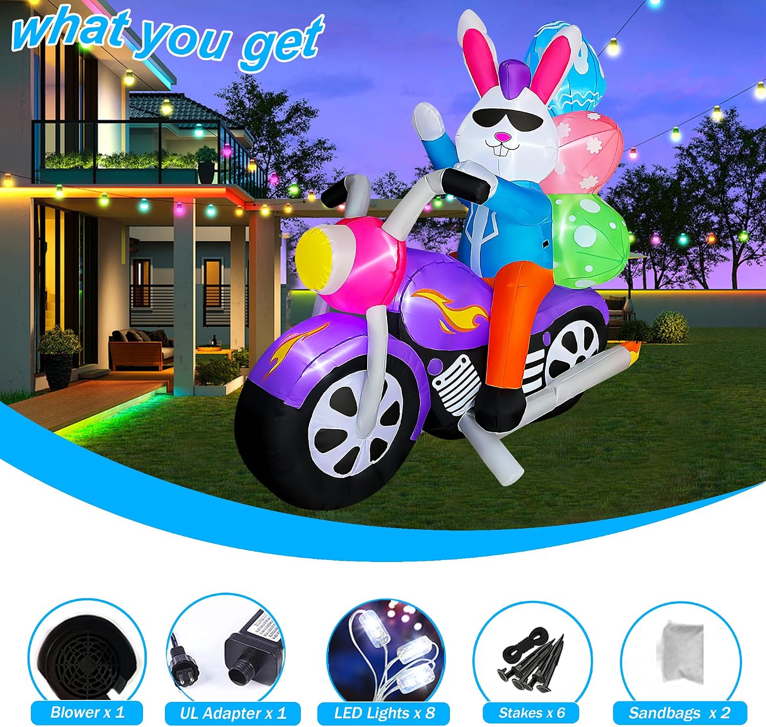 SEASONBLOW 6 FT Easter Inflatable Bunny on Motorcycle with Eggs Decorations Light Blow Up Rabbit for Yard Lawn Garden Home Outdoor Indoor Holiday