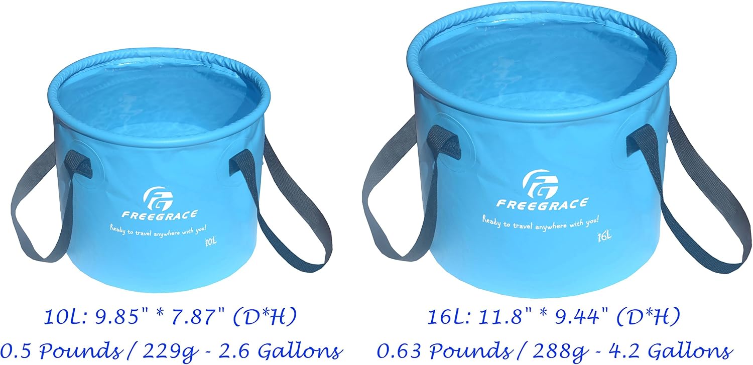 Freegrace Collapsible Bucket with Mesh Tool Pocket - 10L, 16L & 23L Portable Folding Water Container - Heavy Duty 500D Tarpaulin, BPA-Free Wash Basin for Camping, Fishing, RV, and Car Washing