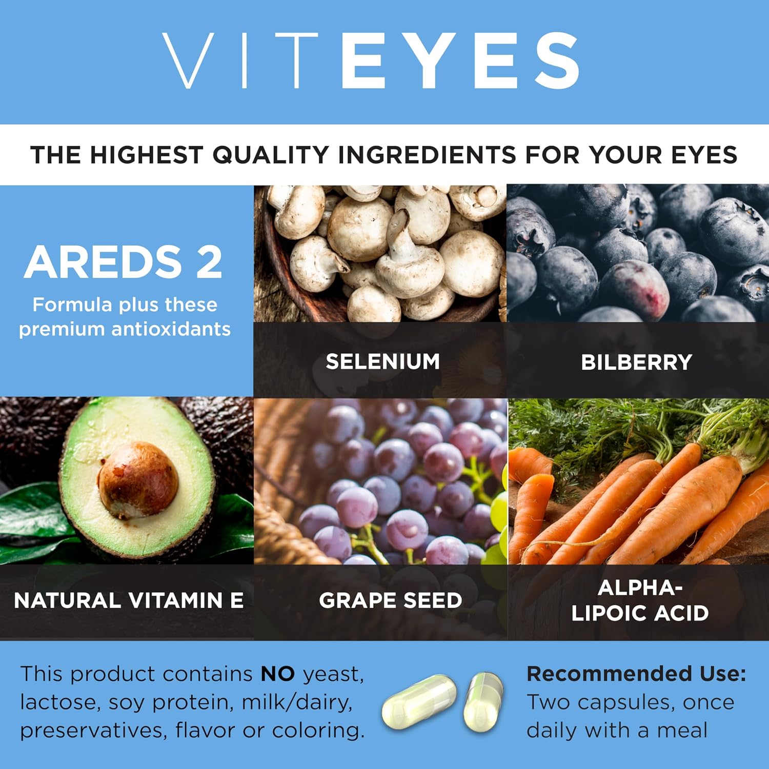 Viteyes AREDS 2 Advanced Eye Vitamins, Macular Support with Bilberry, grapeseed, FLORAGLO Lutein, Selenium, Natural Vitamin E, Allergen Free, Vision Protection, Eye Doctor Trusted, 180 Count