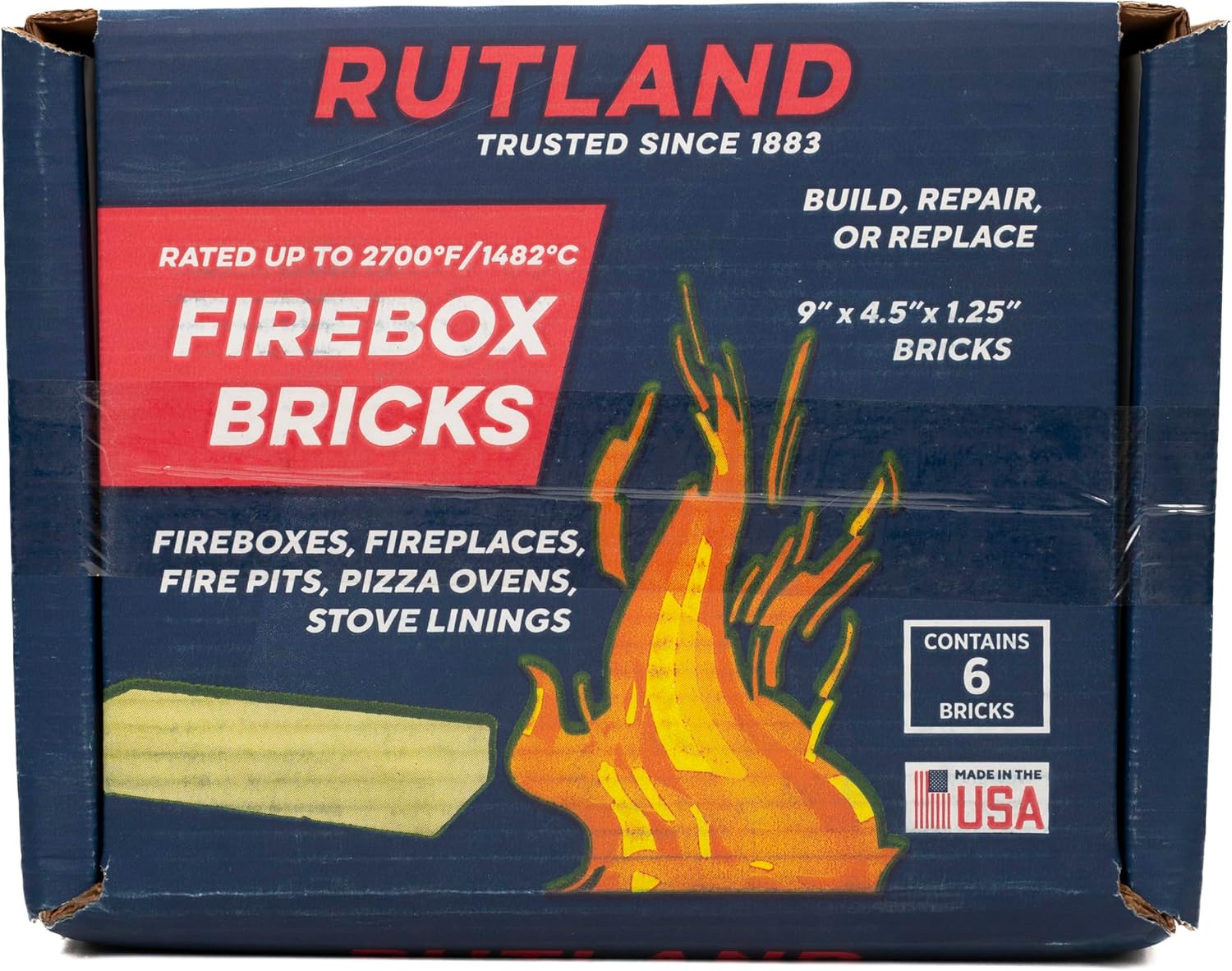 Rutland Fire Bricks, Properly Cured High Temperature FireBrick, USA-Made Residential Fire Clay Replacement for Wood Stove, Fireplace, & Pizza Oven, Size 9" x 4.5" x 1.25", 6-Pack, Tan