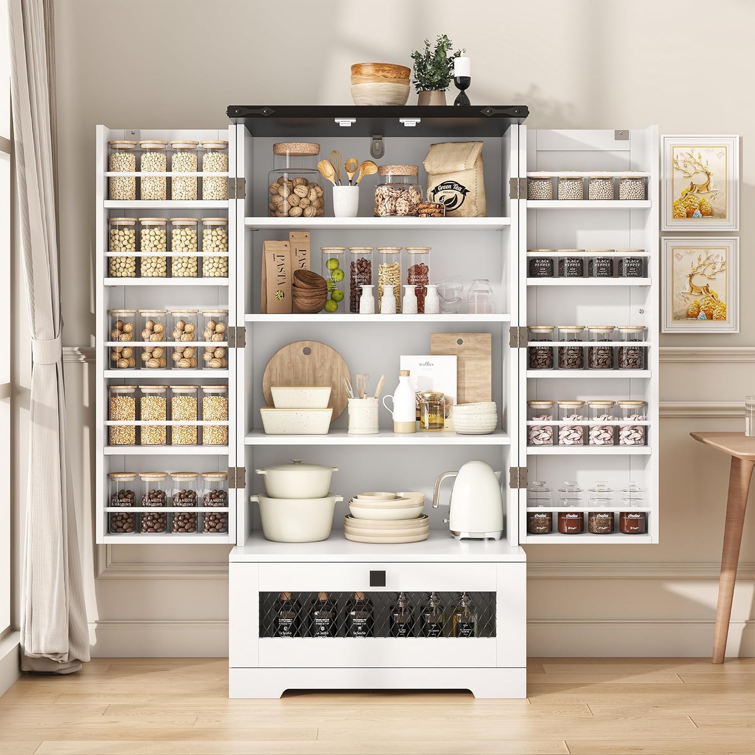 kepptory 47” Pantry Cabinet, Kitchen Pantry Storage Cabinet with Doors and Adjustable Shelves,Freestanding Buffet Cupboards Sideboard for Living Room and Dinning Room (White)