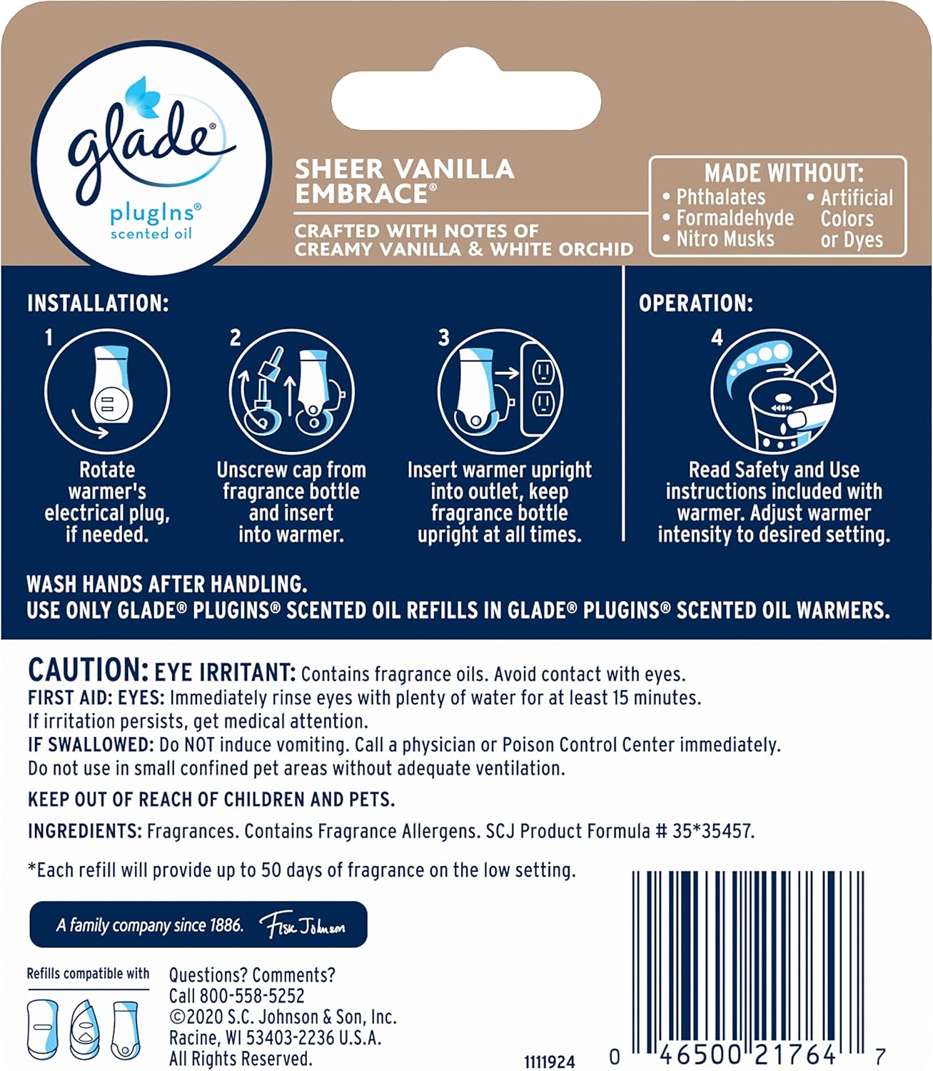Glade PlugIns Refills Air Freshener, Scented and Essential Oils for Home and Bathroom, Sheer Vanilla Embrace, 1.34 Oz, 2 Count