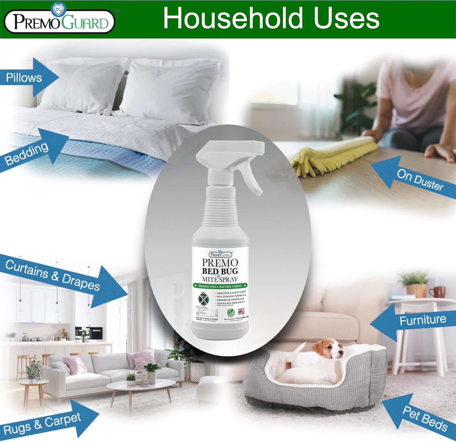 Premo Guard Bed Bug & Mite Killer Spray – University Tested 100% Kill Rate | Natural, Safe for Bedding, Furniture, Fabrics, and Clothing, Non Toxic, Stain & Scent Free, Child & Pet Safe