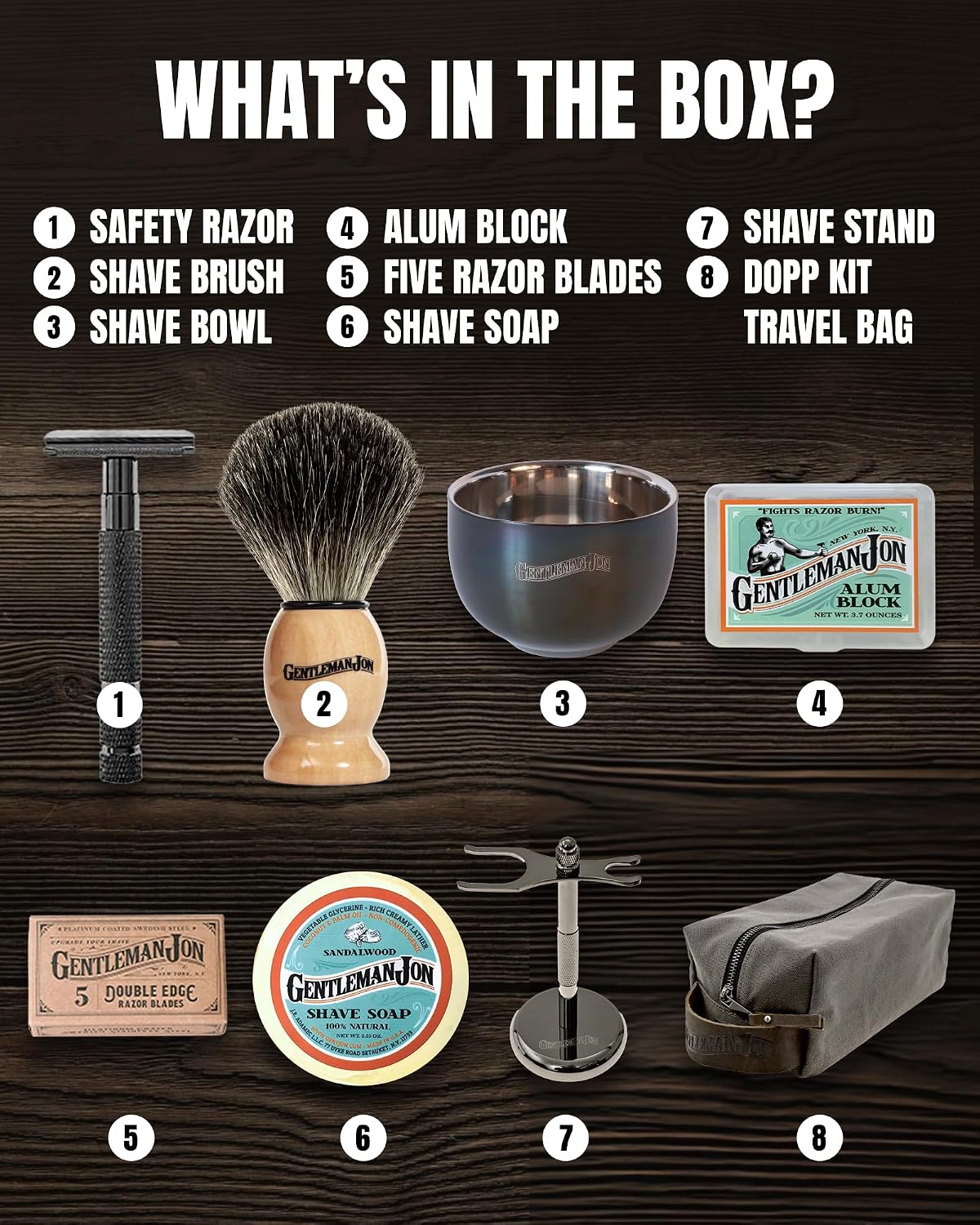 Gentleman Jon Deluxe Vintage Shaving Kit - 8pc Men's Safety Razor Gift Set