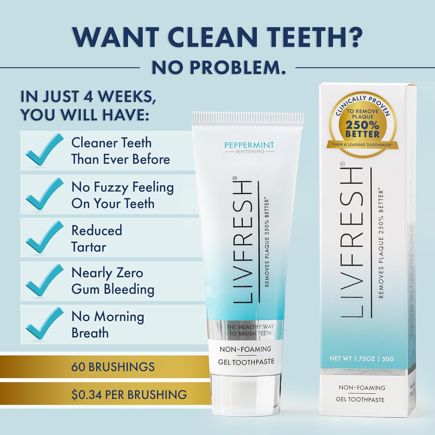 LIVFRESH Toothpaste Gel, Clinically Proven to Remove Plaque 250% Better, Improves Gum Health 190% Better, Prevents & Reduces Tartar, Freshens Breath, SLS Free Dental Gel, Wintergreen