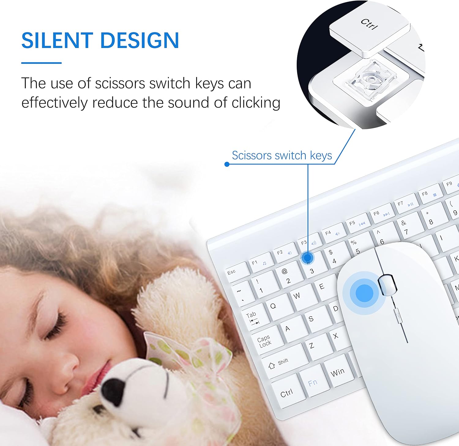 Wireless Keyboard and Mouse Ultra Slim Combo, TopMate - White | 2.4G Silent Compact 2400DPI Mouse and Scissor Switch Keyboard Set with Cover, Batteries Included, for PC/Laptop/Windows/Mac
