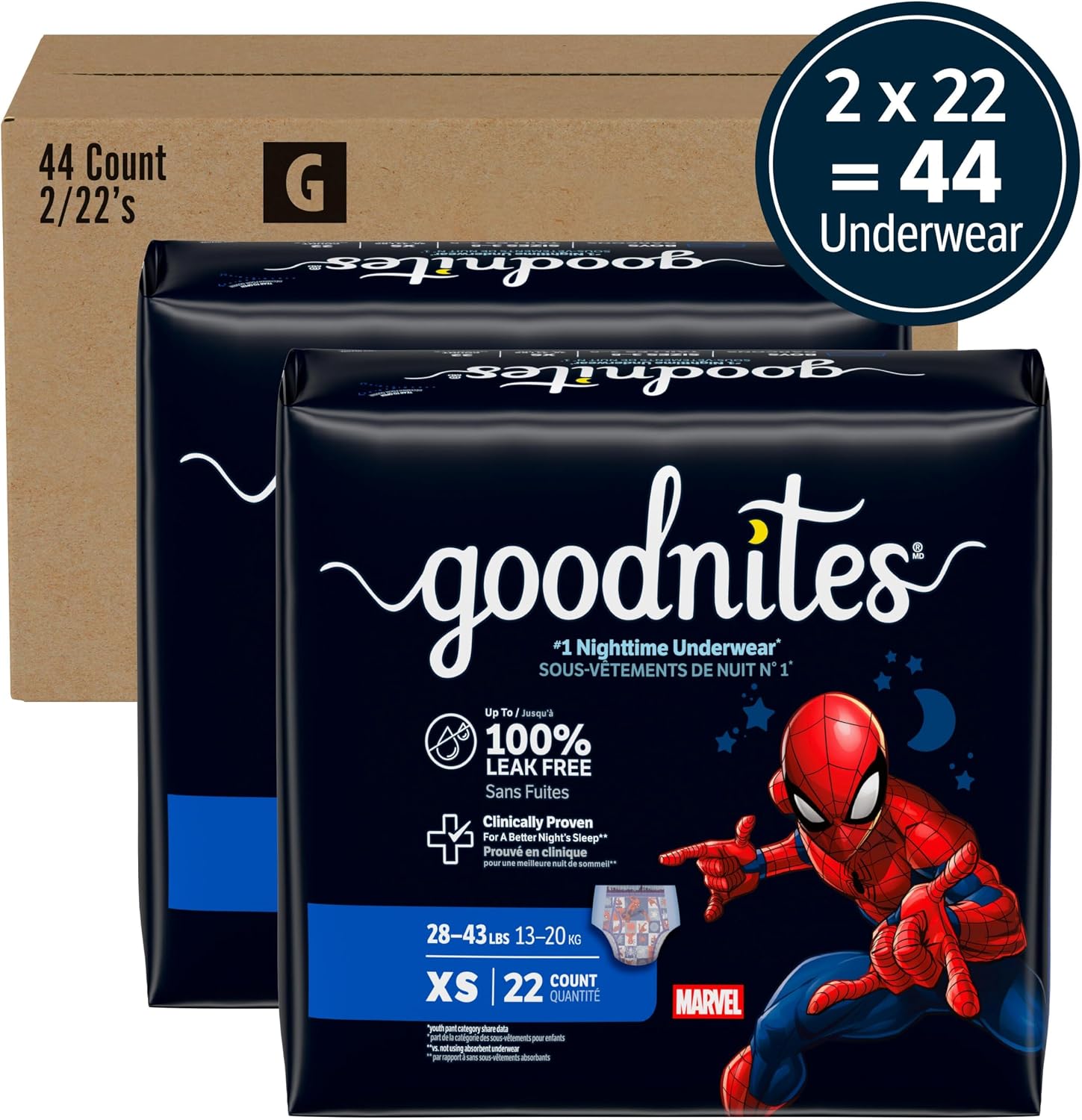Goodnites Boys' Nighttime Bedwetting Underwear, Size S/M (43-68 lbs), 44 Ct (2 Packs of 22), Packaging May Vary