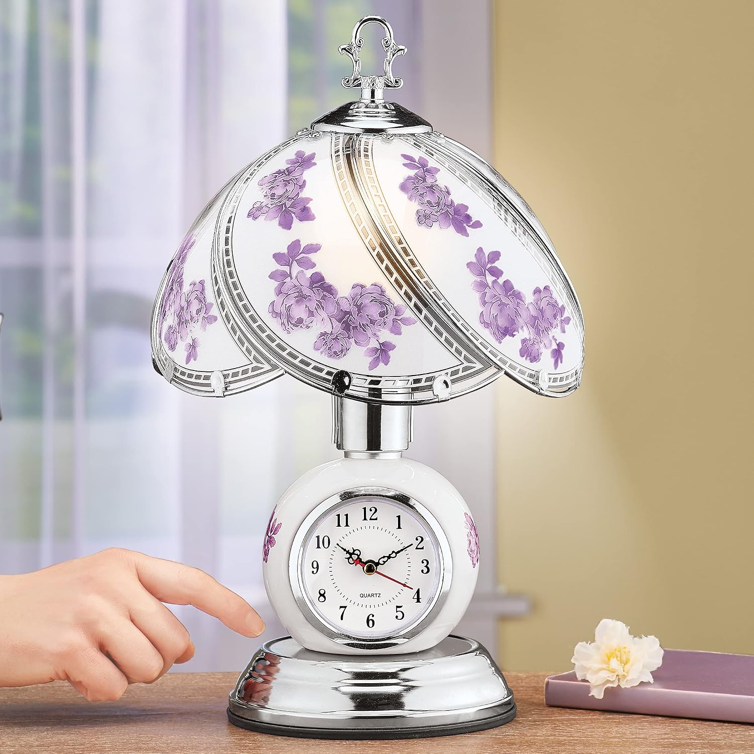 Collections Etc Rose Glass Panel Touch Lamp with Analog Clock - Silver-Toned Base - 3 Levels of Brightness - Glass, Metal - 9" Dia x 14.5" H
