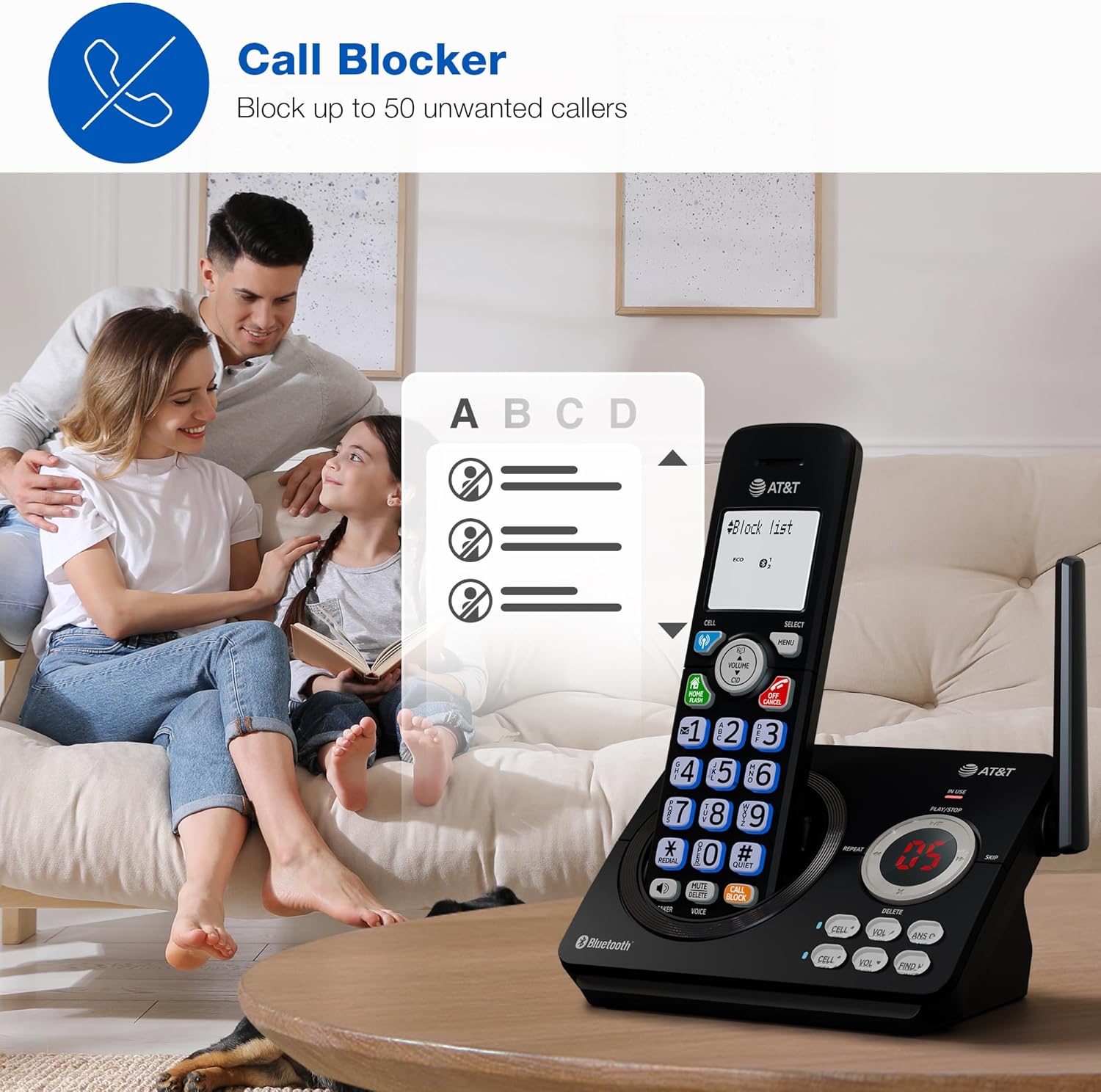 AT&T DL72219 DECT 6.0 2-Handset Cordless Phone for Home with Connect to Cell, Call Blocking, 1.8" Backlit Screen, Big Buttons, intercom