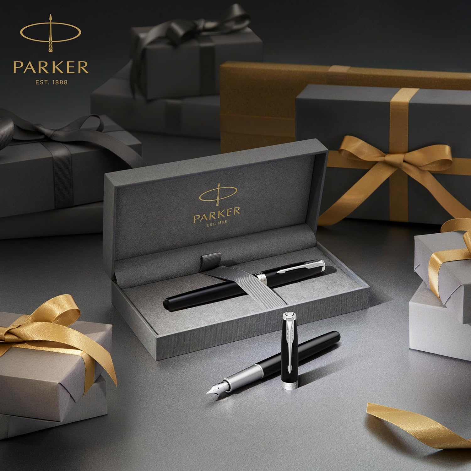 Parker Sonnet Fountain Pen, Matte Black Lacquer with Gold Trim, Medium Nib, Premium Gift Box, Ideal for Gifting