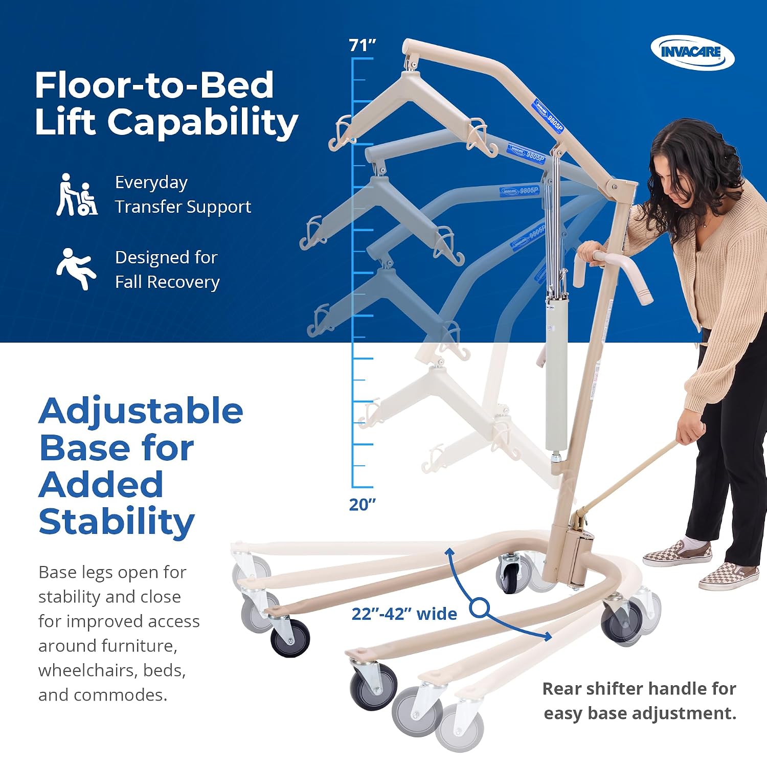 Invacare Hydraulic Patient Lift, Lightweight Transfer Lift Chair with 450 lb Weight Capacity, Bent Mast for Safer Transfers, 6-Point Padded Swivel Bar