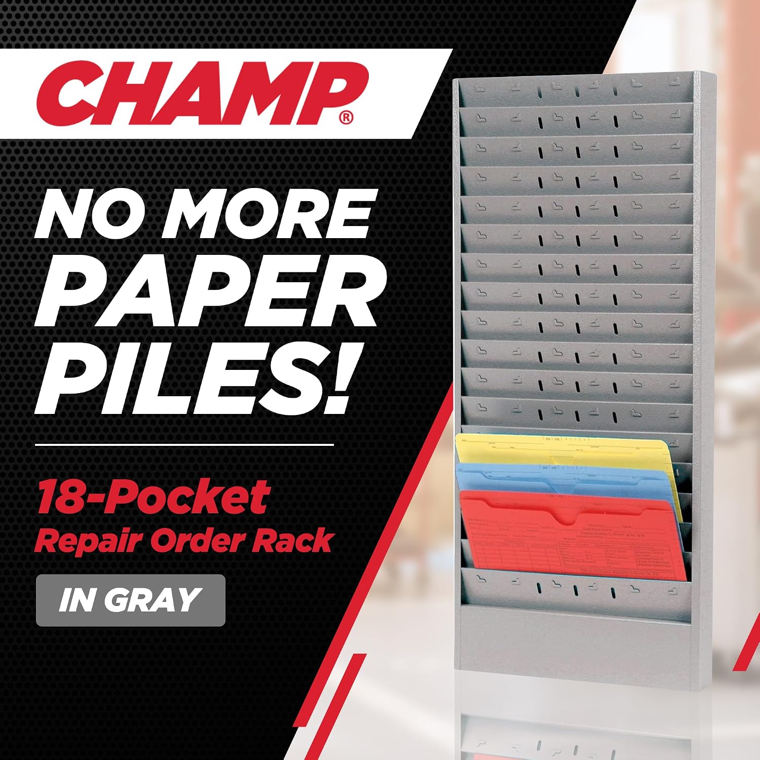 CHAMP Repair Order Rack, 18-Pocket Wall Mount Organizer, Gray