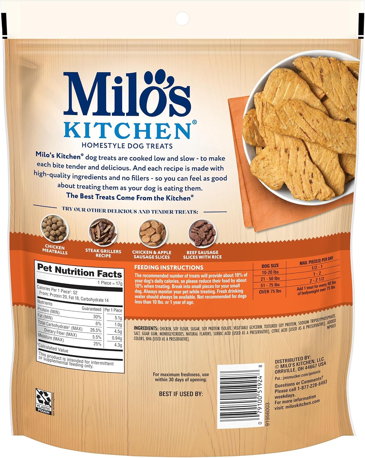Milo’s Kitchen Chicken & Apple Sausage Slices Dog Treats, 18 Oz. Bag